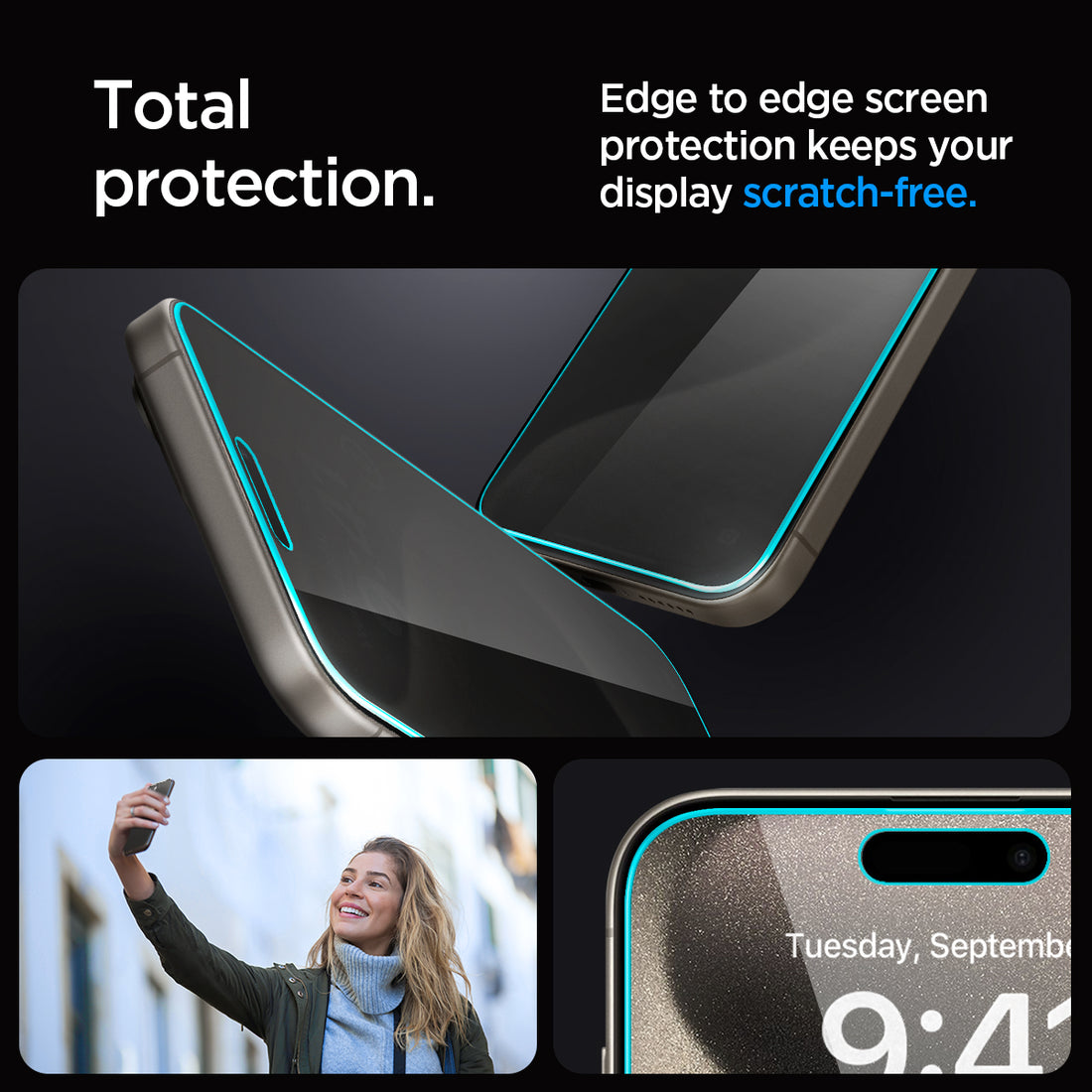 AGL06874 - iPhone 15 Pro Max Screen Protector EZ FIT GLAS.tR Privacy showing the device, two screen protectors and ez fit trays