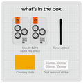 AGL05205 - iPhone 16 Pro / 16 Pro Max Optik Pro Lens Protector in black what's in the box. Glas.tR EZFit Optik Pro 2Pack (black), Removal tool, Cleaning tool, Dust removal sticker.