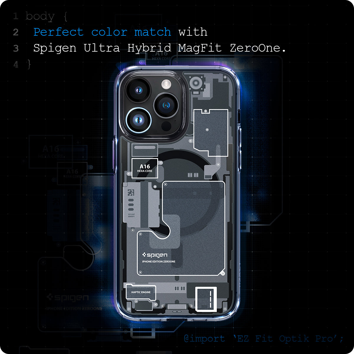 AGL06159 - iPhone 16 Pro / 16 Pro Max Optik Pro Lens Protector in zero one perfect color match with spigen ultra hybrid magfit zeroone.