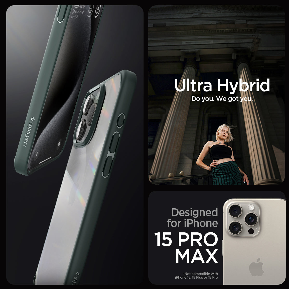 ACS06574 - iPhone 15 Pro Max Case Ultra Hybrid in abyss green showing the compatibility only with iPhone 15 Pro Max. Not compatible with iPhone 15, 15 Plus or 15 Pro