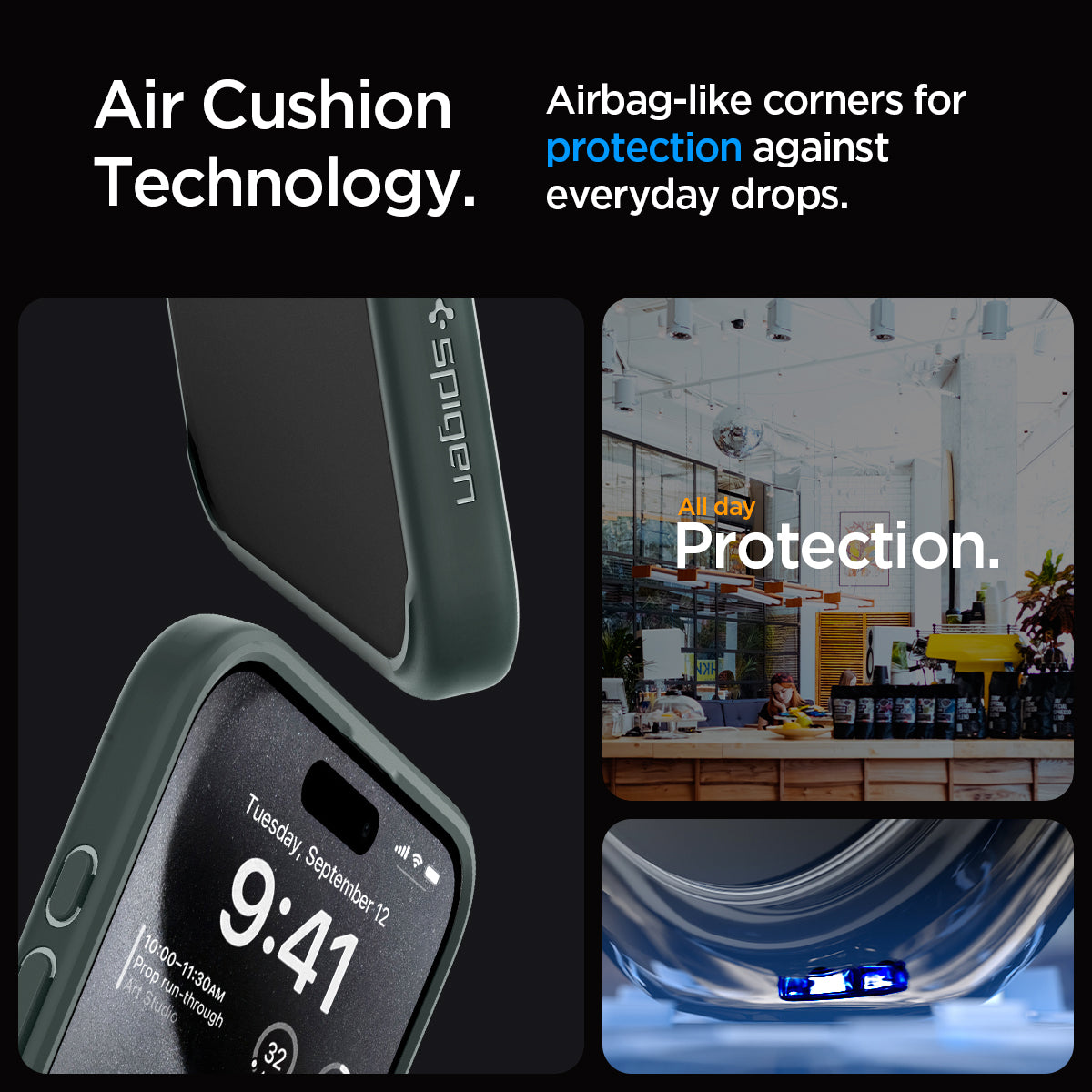 ACS06574 - iPhone 15 Pro Max Case Ultra Hybrid in abyss green showing the air cushion technology. Airbag-like corners for protection against everyday drops