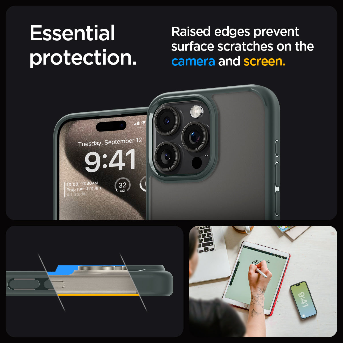 ACS06574 - iPhone 15 Pro Max Case Ultra Hybrid in abyss green showing the essential protection. Raised edges prevent surface scratches on the camera