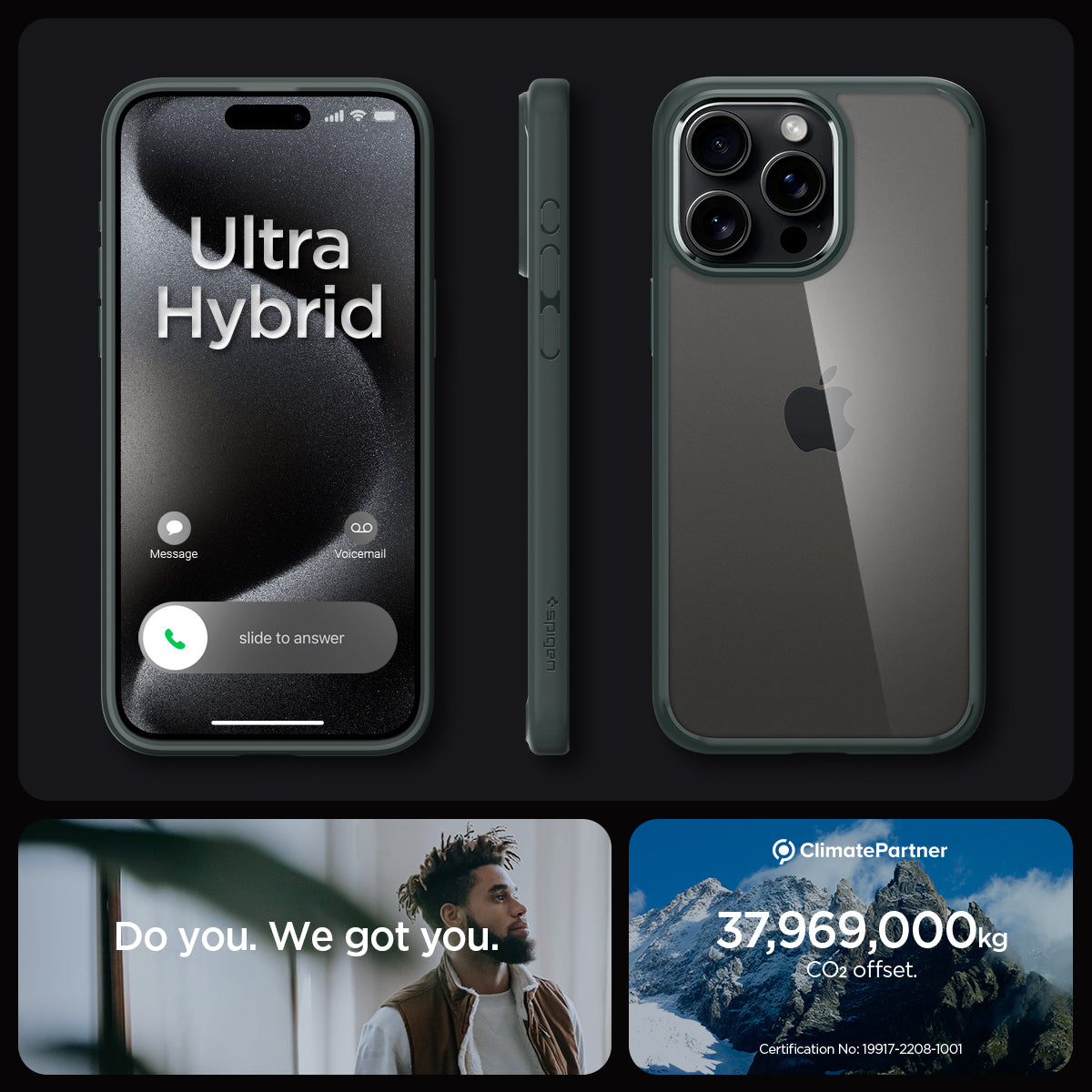 ACS06574 - iPhone 15 Pro Max Case Ultra Hybrid in abyss green showing the different angles