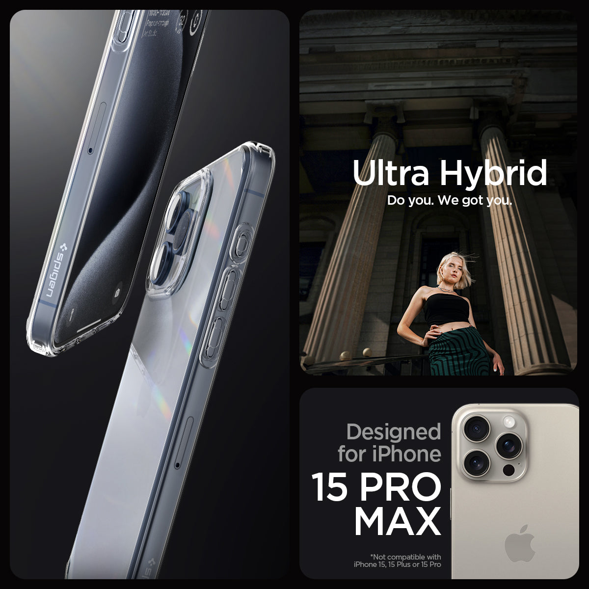 ACS06565 - iPhone 15 Pro Max Case Ultra Hybrid in crystal clear showing the compatibility only with iPhone 15 Pro Max. Not compatible with iPhone 15, 15 Plus or 15 Pro