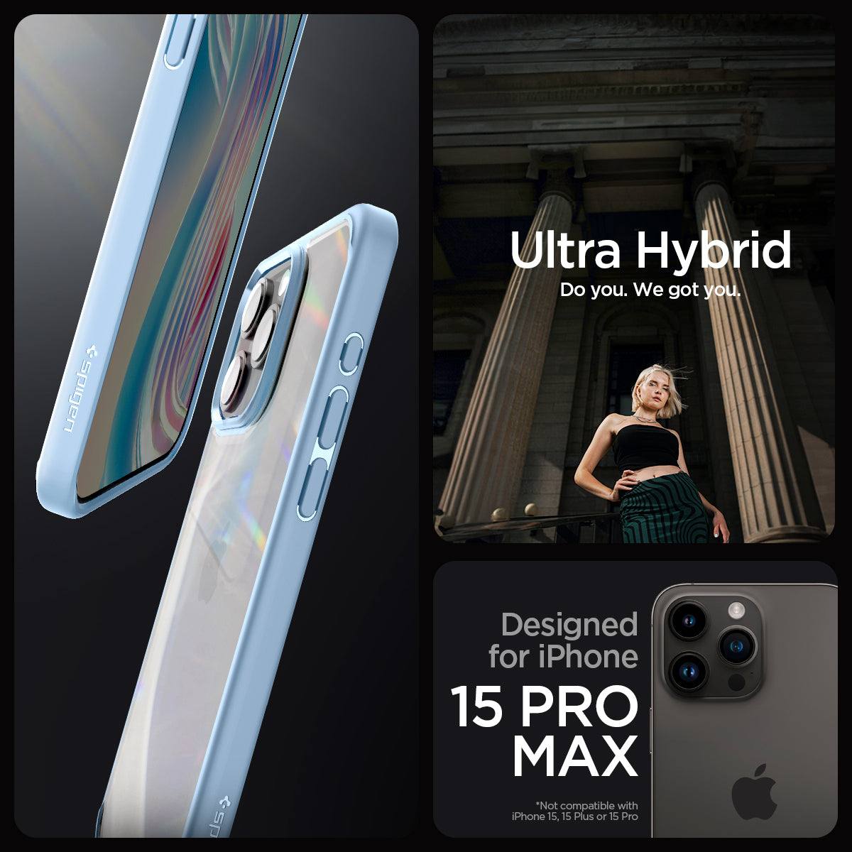 ACS06572 - iPhone 15 Pro Max Case Ultra Hybrid in sierra blue showing the compatibility only with iPhone 15 Pro Max. Not compatible with iPhone 15, 15 Plus or 15 Pro