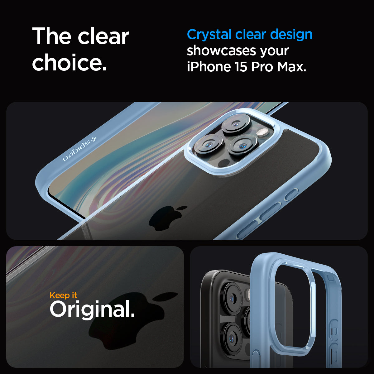 ACS06572 - iPhone 15 Pro Max Case Ultra Hybrid in sierra blue showing the clear choice. Crystal clear design showcases your iPhone 15 Pro Max