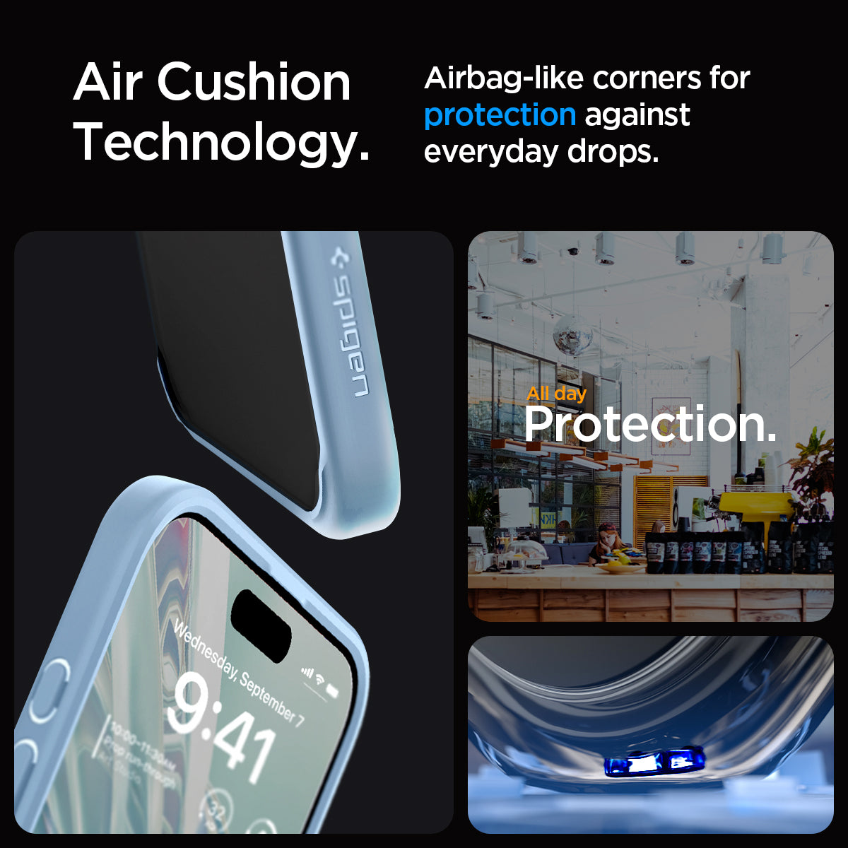 ACS06572 - iPhone 15 Pro Max Case Ultra Hybrid in sierra blue showing the air cushion technology. Airbag-like corners for protection against everyday drops