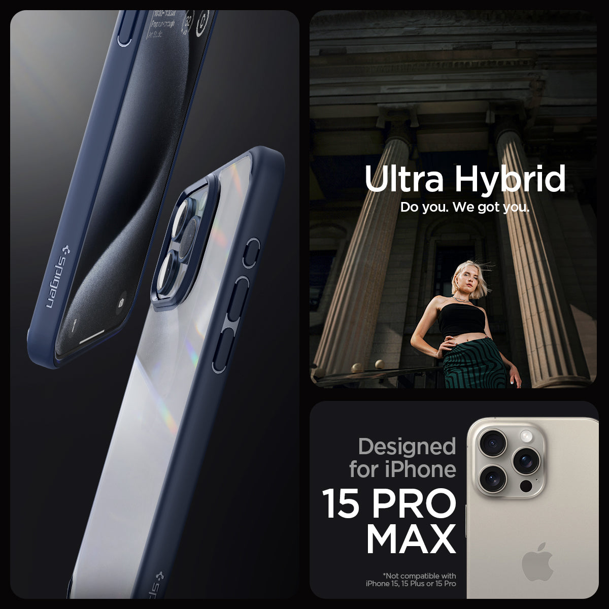 ACS06573 - iPhone 15 Pro Max Case Ultra Hybrid in navy blue showing the compatibility only with iPhone 15 Pro Max. Not compatible with iPhone 15, 15 Plus or 15 Pro