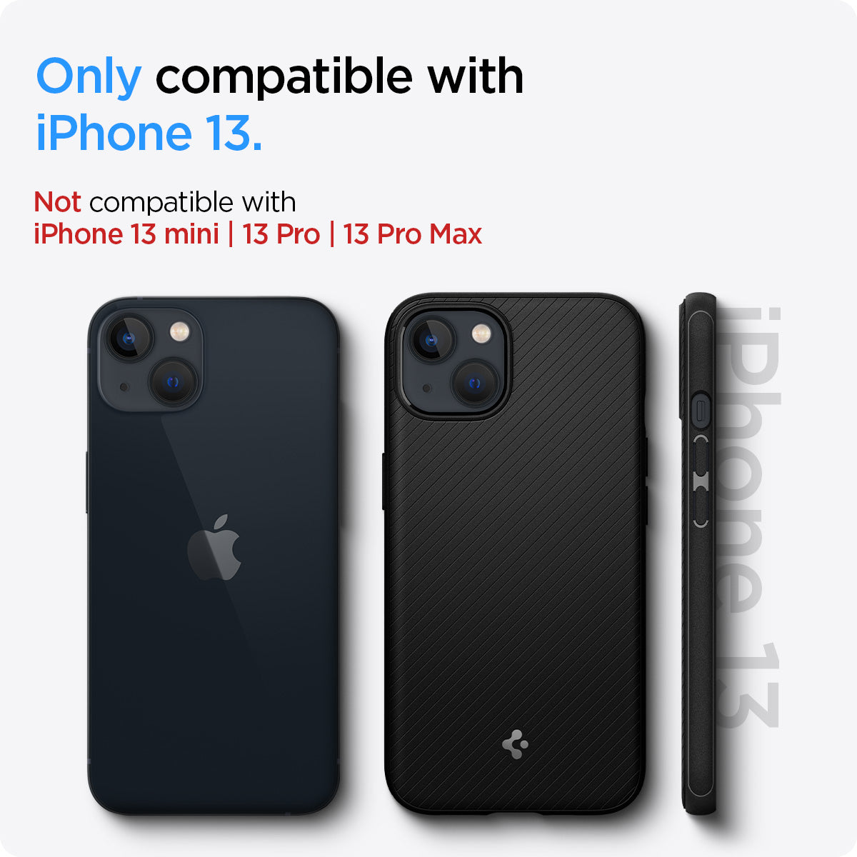 ACS03546 - iPhone 13 Case Mag Armor in black showing the compatibility only with iPhone 13. Not compatible with iPhone 13 mini | 13 Pro | 13 Pro Max