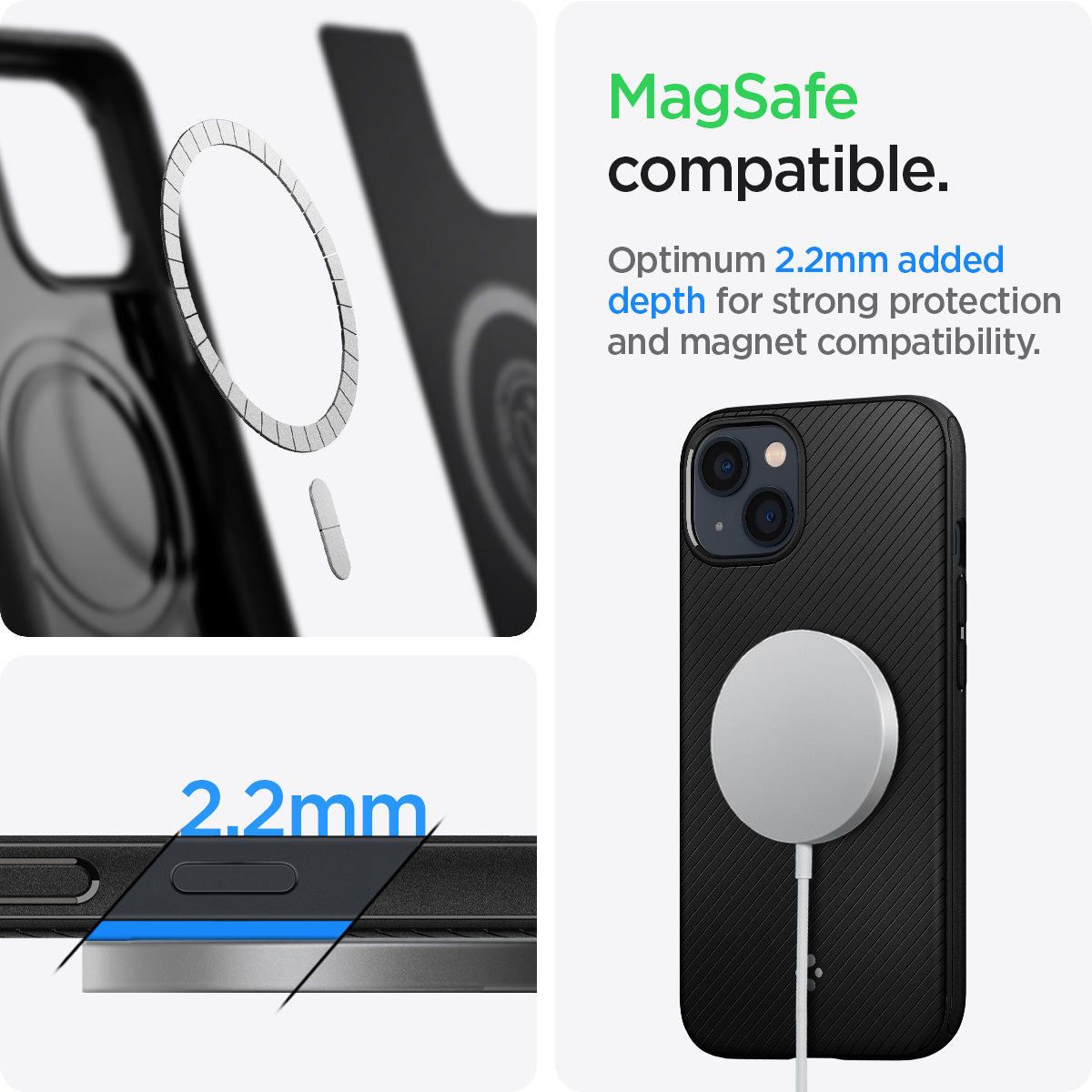 ACS03546 - iPhone 13 Case Mag Armor in black showing the magsafe compatible. Optimum 2.2mm added depth for strong protection and magnet compatibility