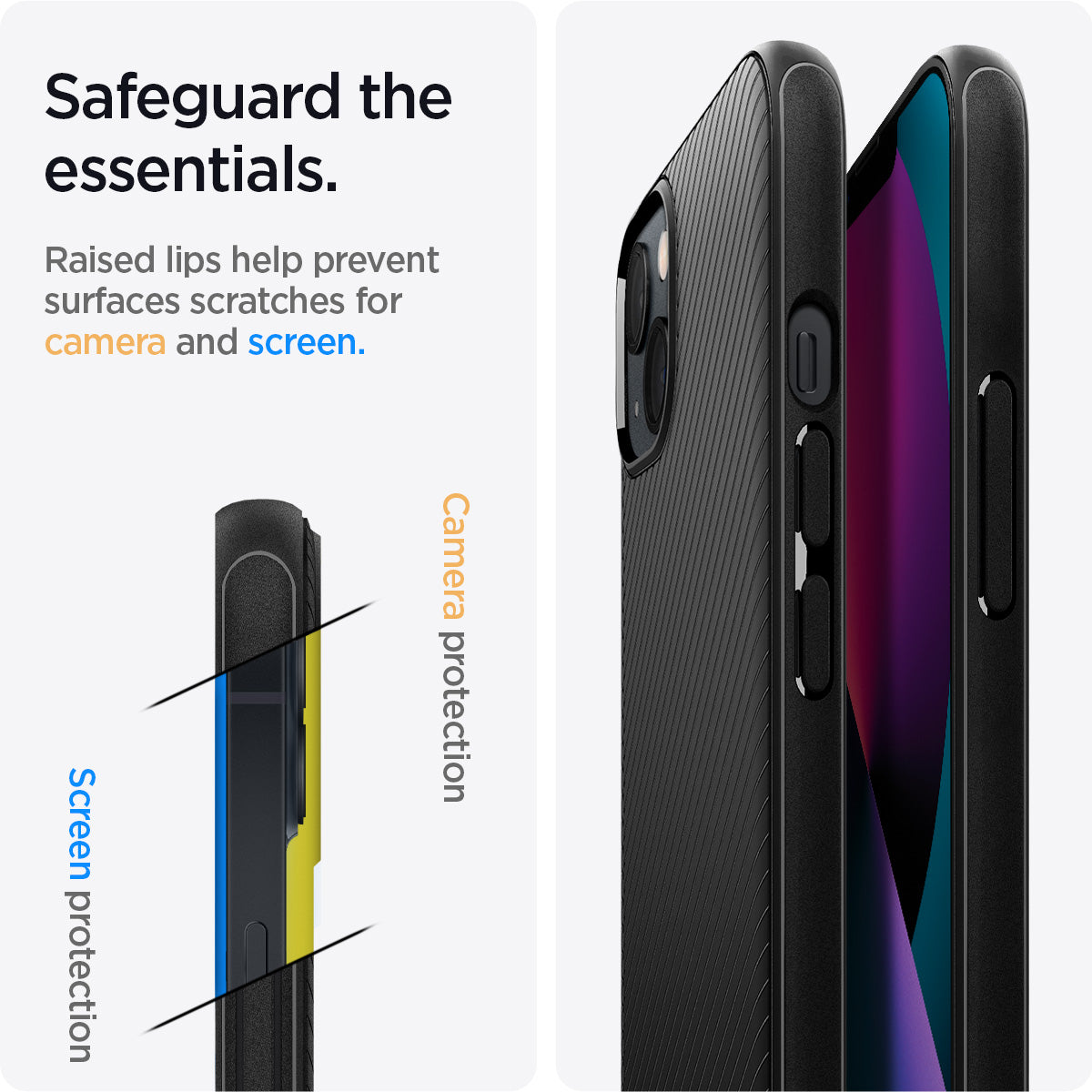 ACS03546 - iPhone 13 Case Mag Armor in black showing the raised lips help prevent surfaces scratches for camera and screen. Camera protection and Screen protection