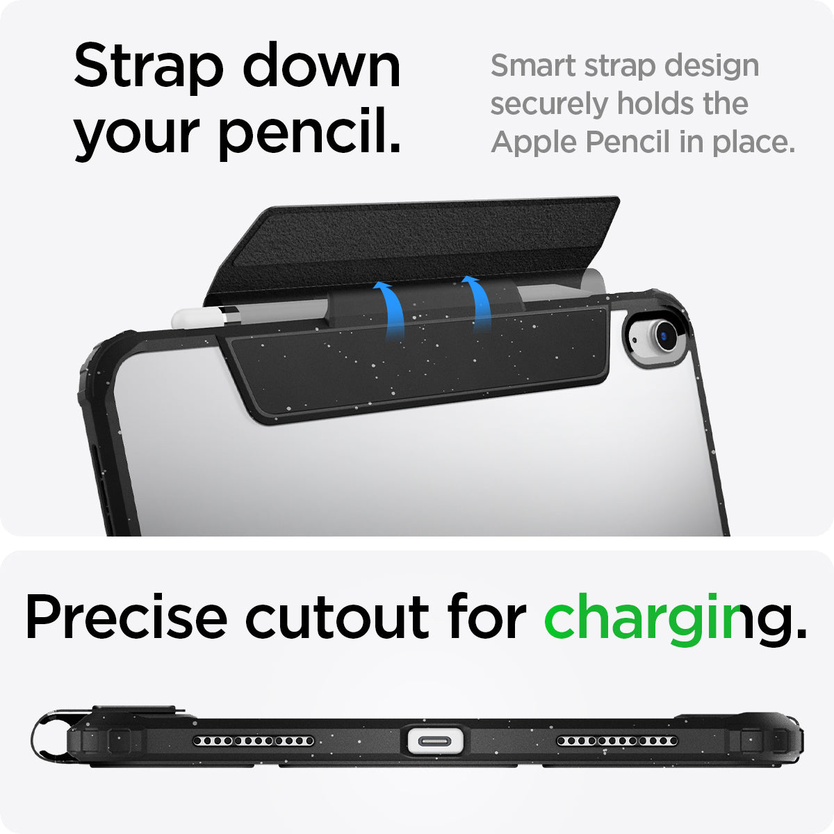ACS05941 - iPad 10.9" Case Ultra Hybrid Pro in speckled black showing the strap down your pencil. Smart strap design securely holds the Apple Pencil in place. Precise cutout for charging