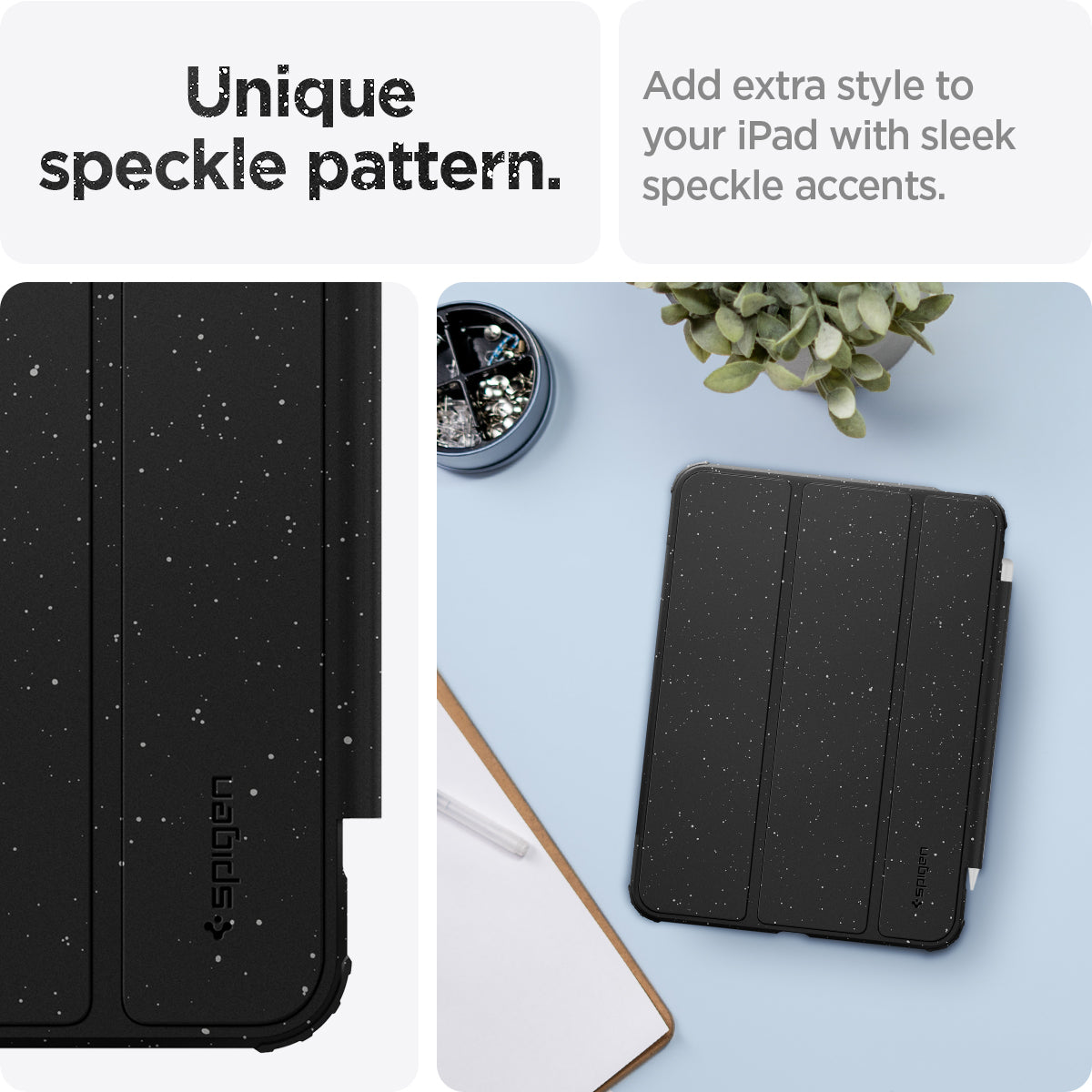 ACS05941 - iPad 10.9" Case Ultra Hybrid Pro in speckled black showing the unique speckle pattern. Add extra style to your iPad with sleek speckle accents