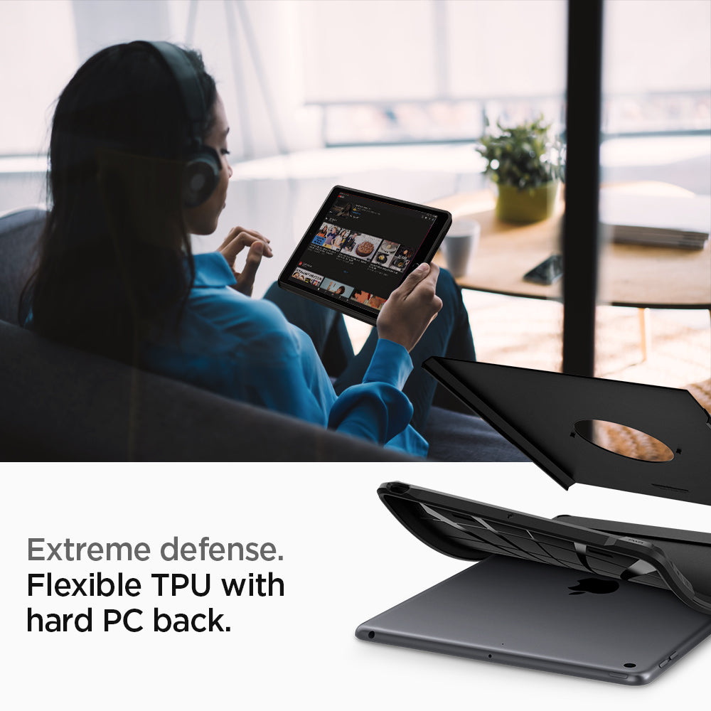 ACS00374 - iPad 10.2" Case Tough Armor in black showing the extreme defense. Flexible TPU with hard PC back