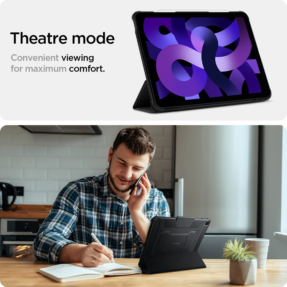ACS02054 - iPad Air 10.9" (2022 / 2020) Case Rugged Armor Pro in black showing the theatre mode. Convenient viewing for maximum comfort