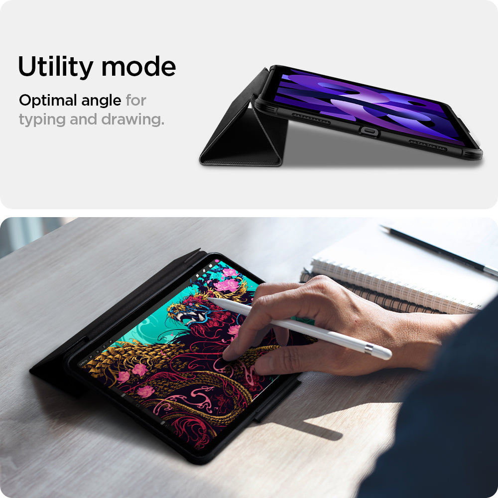 ACS02054 - iPad Air 10.9" (2022 / 2020) Case Rugged Armor Pro in black showing the utility mode. Optimal angle for typing and drawing