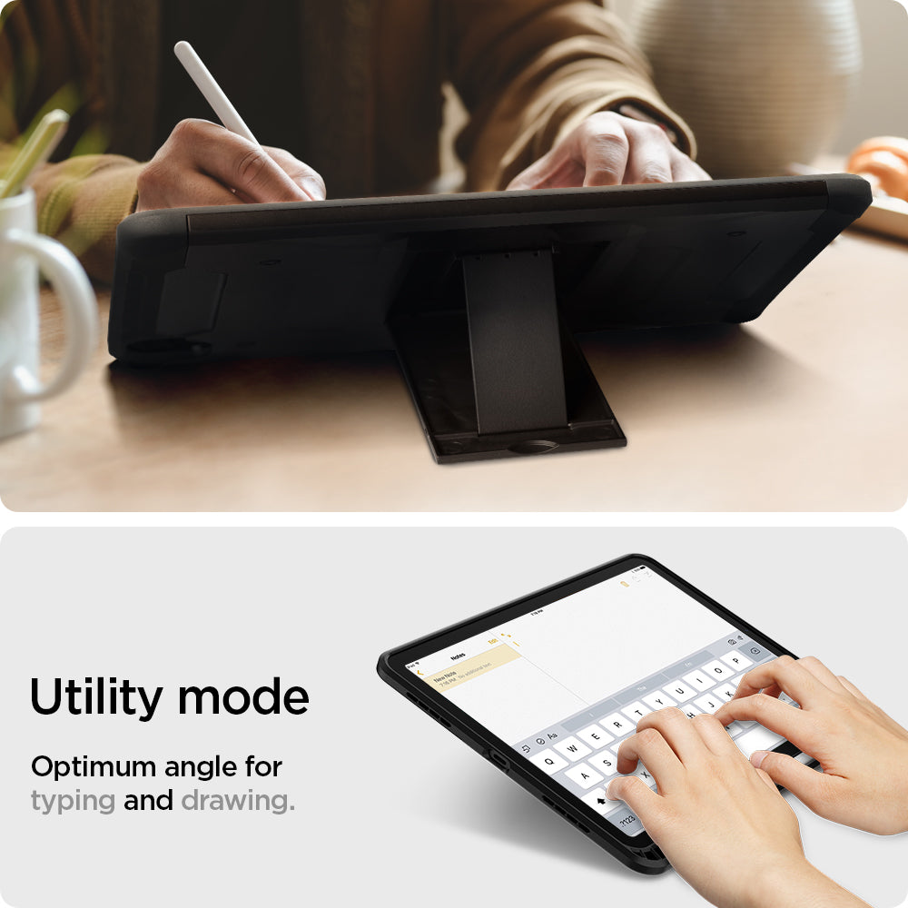 ACS02052 - iPad Air 10.9" (2022 / 2020) Case Tough Armor Pro in gunmetal showing the utility mode. Optimum angle for typing and drawing