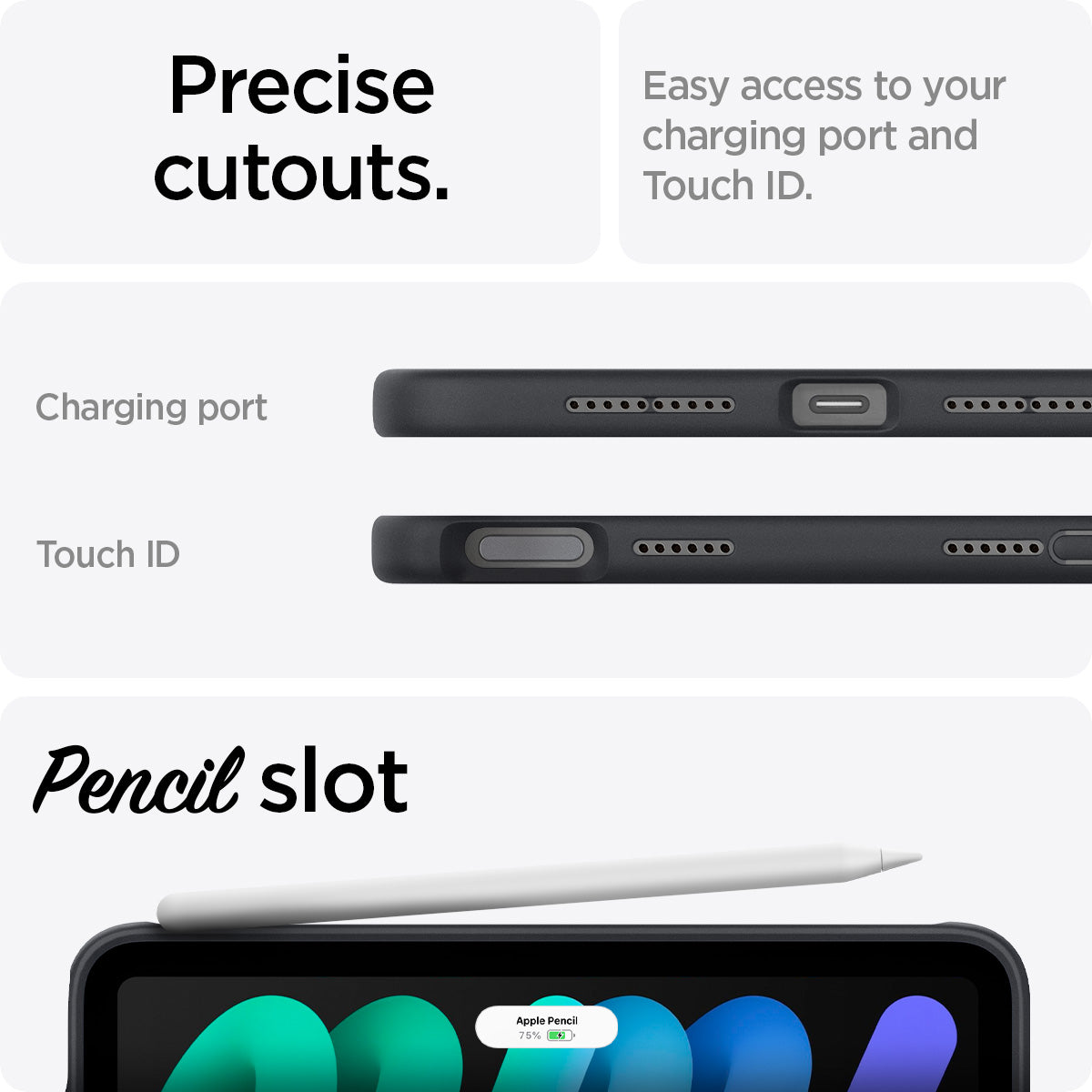 ACS09230 - iPad Mini 7 Case Nano Pop in Black Sesame showing the precise cutouts. Easy access to your charging port and Touch ID. Charging port, Touch ID and Pencil slot