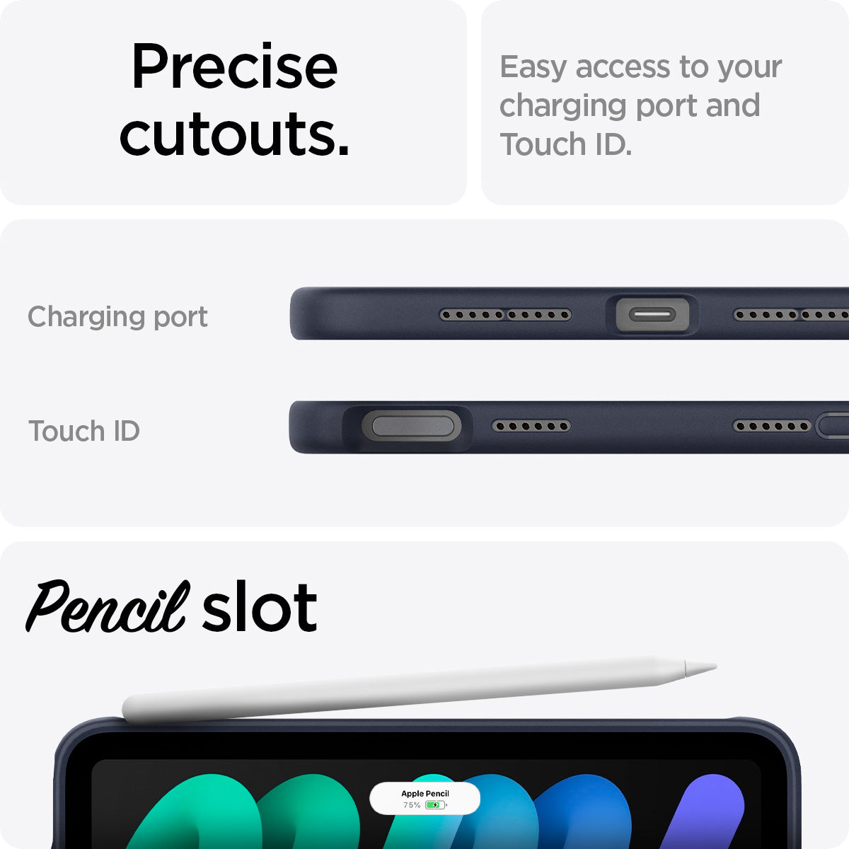 ACS09231 - iPad Mini 7 Case Nano Pop in Blueberry Navy showing the precise cutouts. Easy access to your charging port and Touch ID. Charging port, Touch ID and Pencil slot