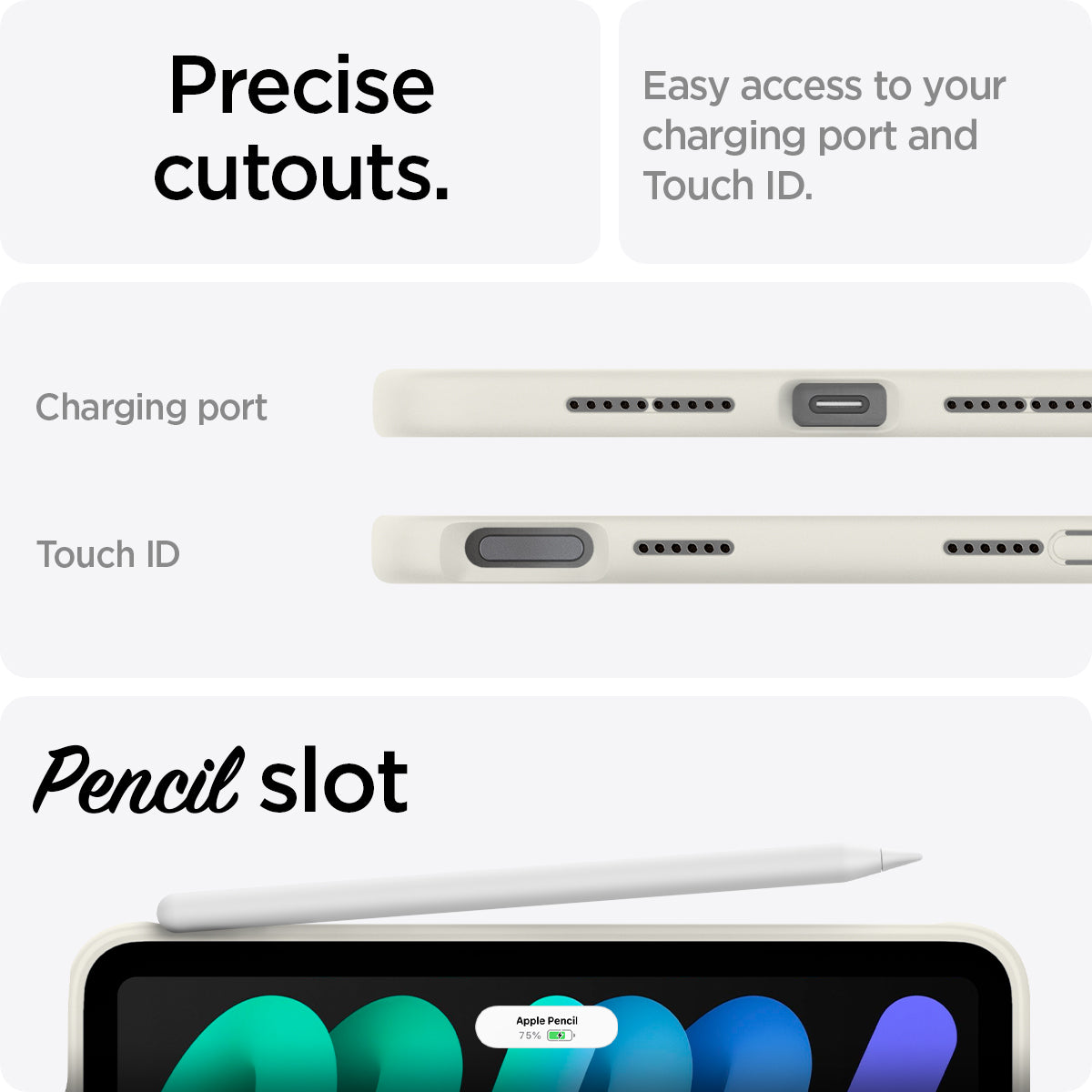 ACS09232 - iPad Mini 7 Case Nano Pop in Orange Beige showing the precise cutouts. Easy access to your charging port and Touch ID. Charging port, Touch ID and Pencil slot