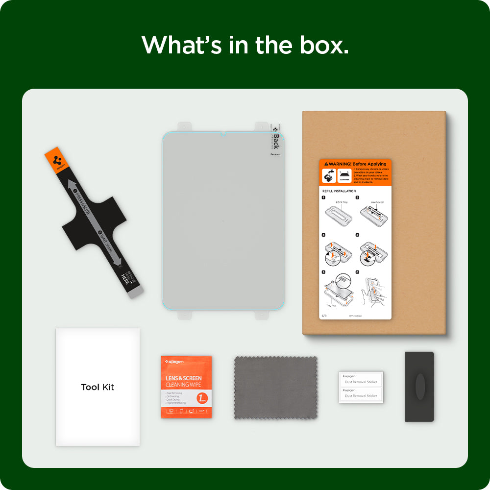 AGL04513 - iPad Mini 6 Screen Protector EZ FIT GLAS.tR Refill showing what's in the box. Alignment tool, Screen protector, Installation guide, Tool Kit, Lens & Screen Cleaning Wipe, Microfiber cloth, Dust removal stickers and Plastic squeegee