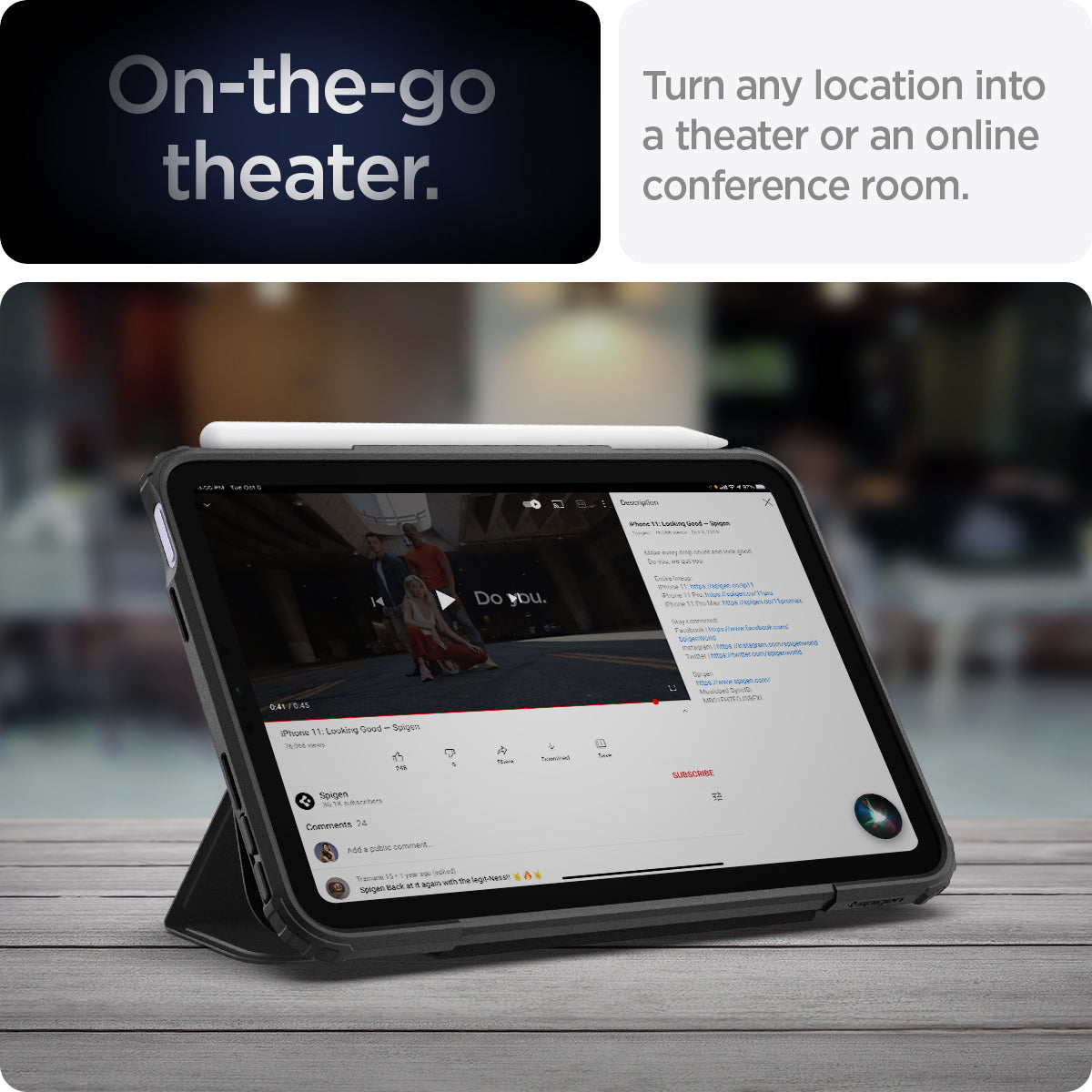 ACS03765 - iPad Mini 6 Case Ultra Hybrid Pro in black showing the on-the-go theater. Turn any location into a theater or an online conference room