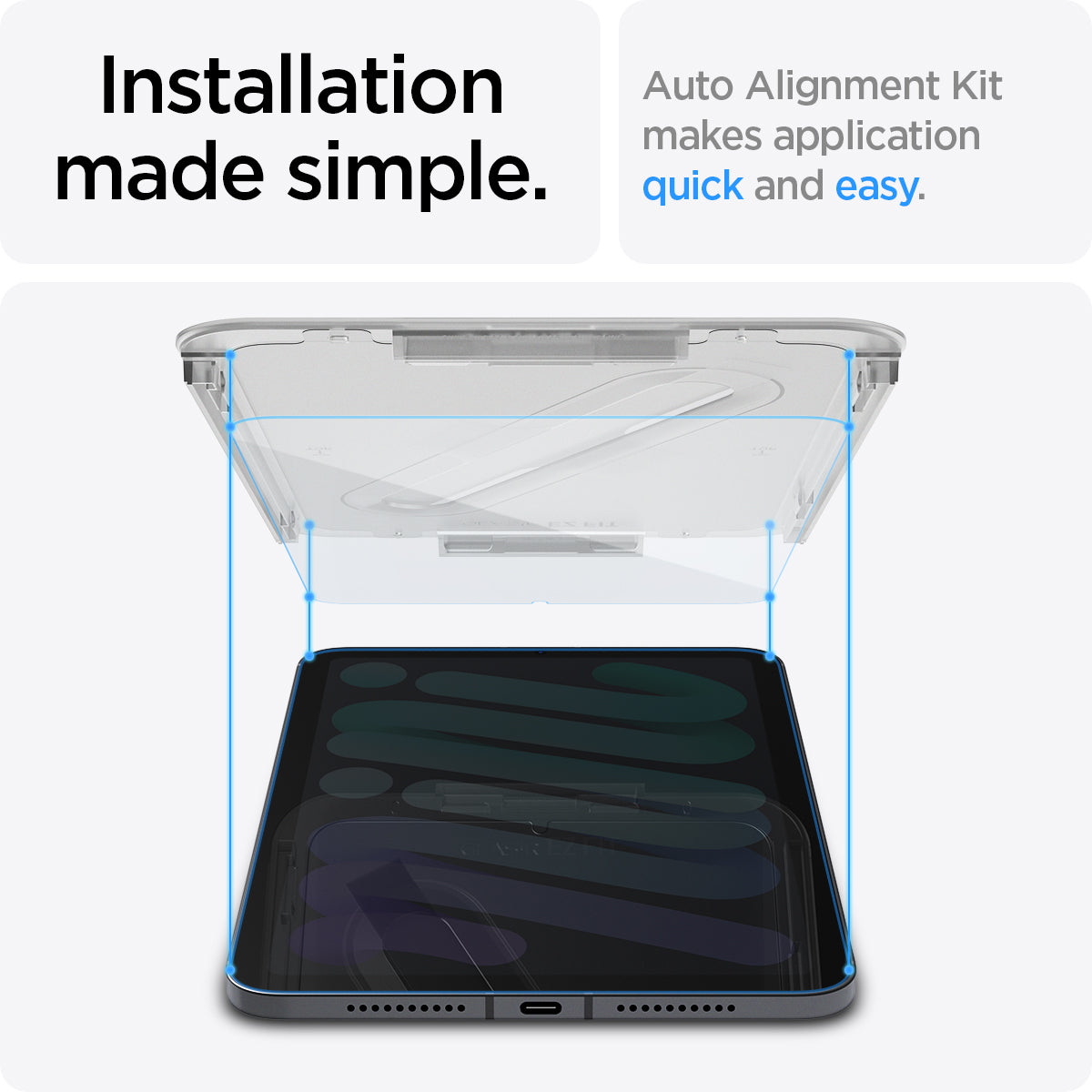 AGL03824 - iPad Mini 6 Screen Protector EZ FIT GLAS.tR showing the installation made simple. Auto Alignment Kit makes application quick and easy