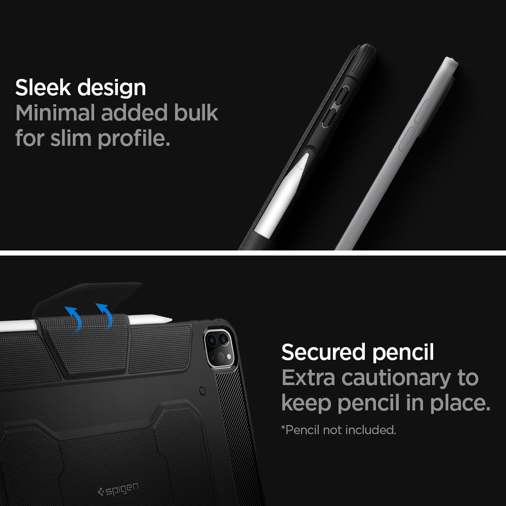 ACS01024 - iPad Pro 11-inch Case Rugged Armor Pro in Black showing the sleek design. Minimal added bulk for slim profile. Secured pencil. Extra cautionary to keep pencil in place