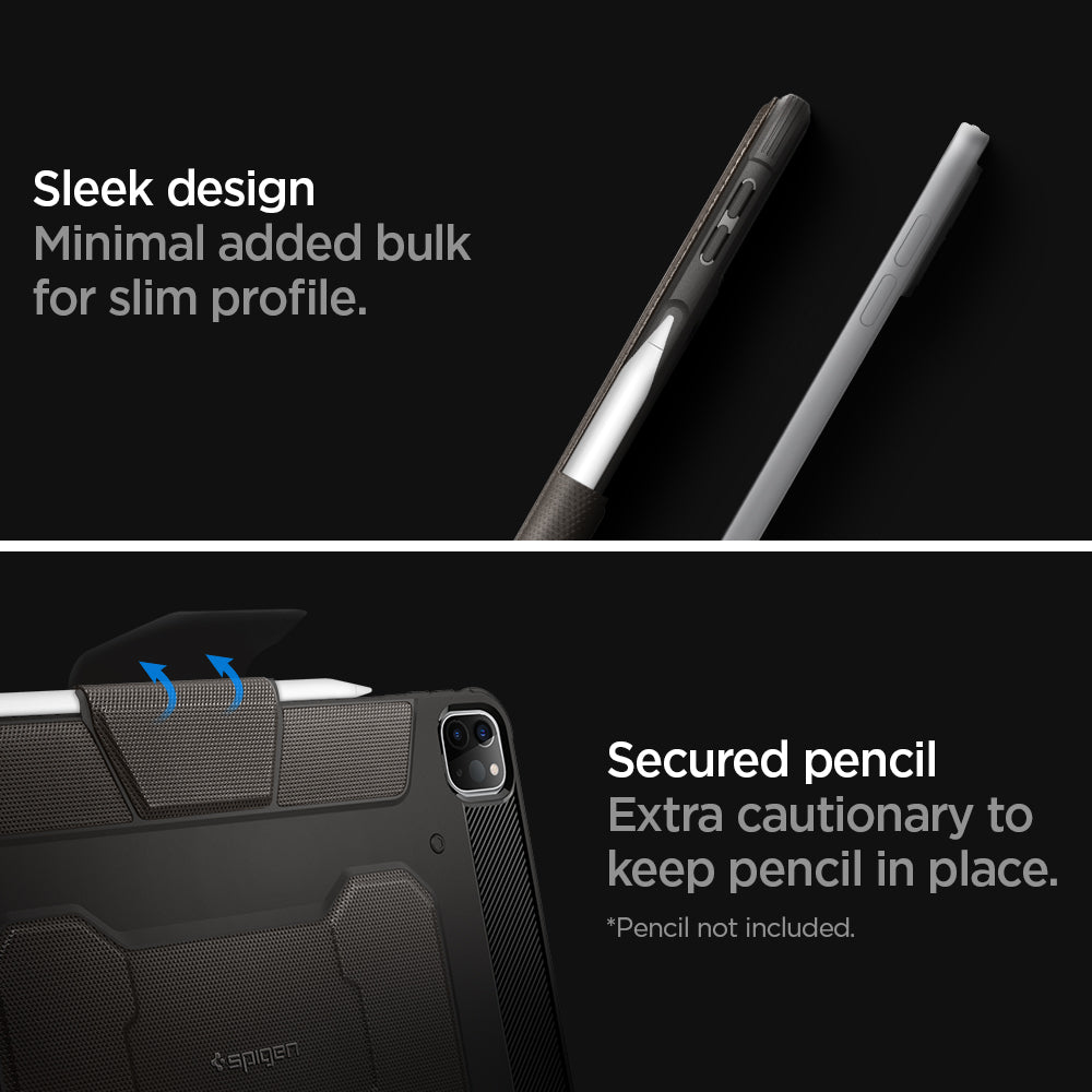 ACS01025 - iPad Pro 11-inch (2022) Rugged Armor Pro in Gunmetal showing the sleek design. Minimal added bulk for slim profile. Secured pencil. Extra cautionary to keep pencil in place