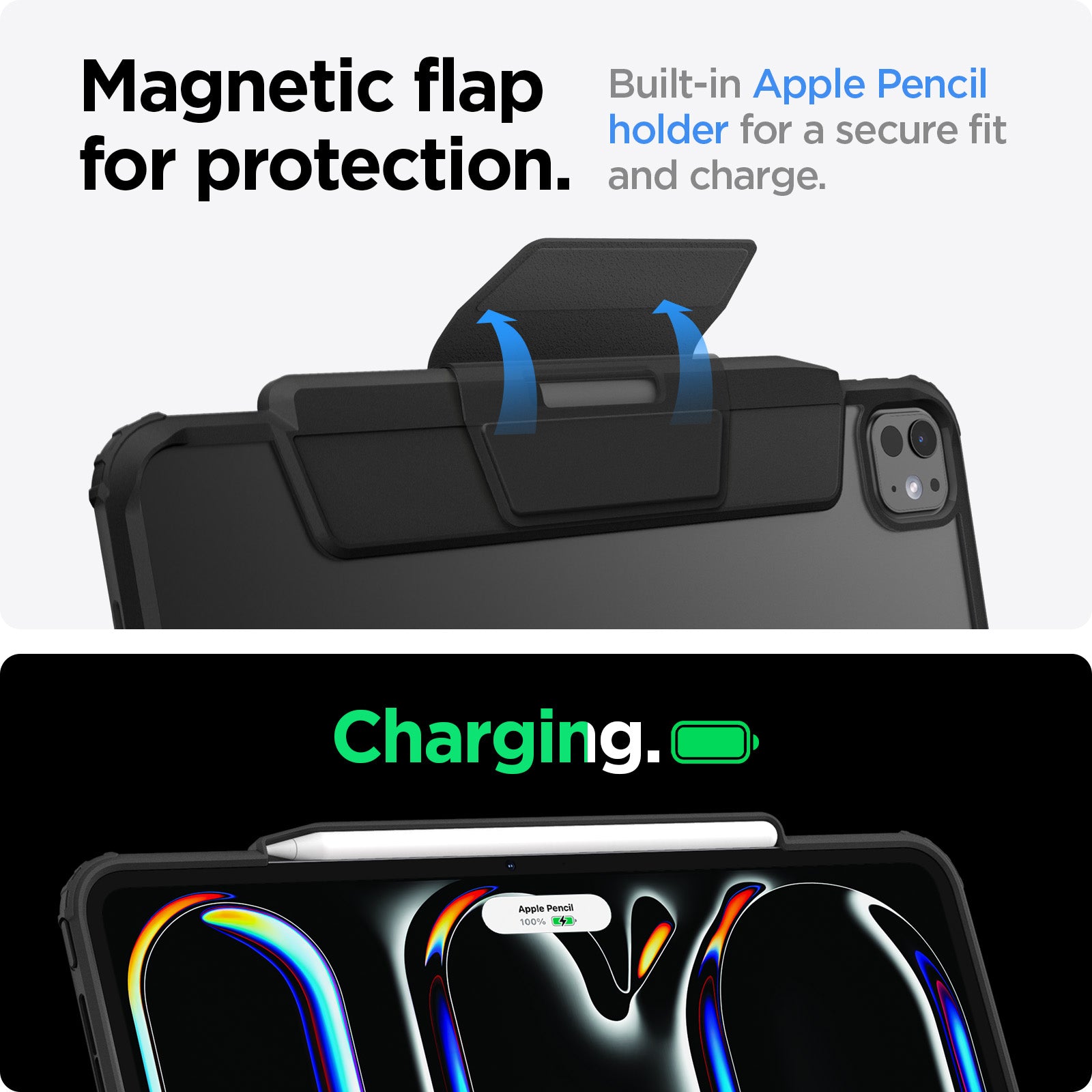 ACS07762 - iPad Pro 11-inch Case Air Skin Pro in Black showing the magnetic flap for protection. Built-in Apple Pencil holder for a secure fit and charge