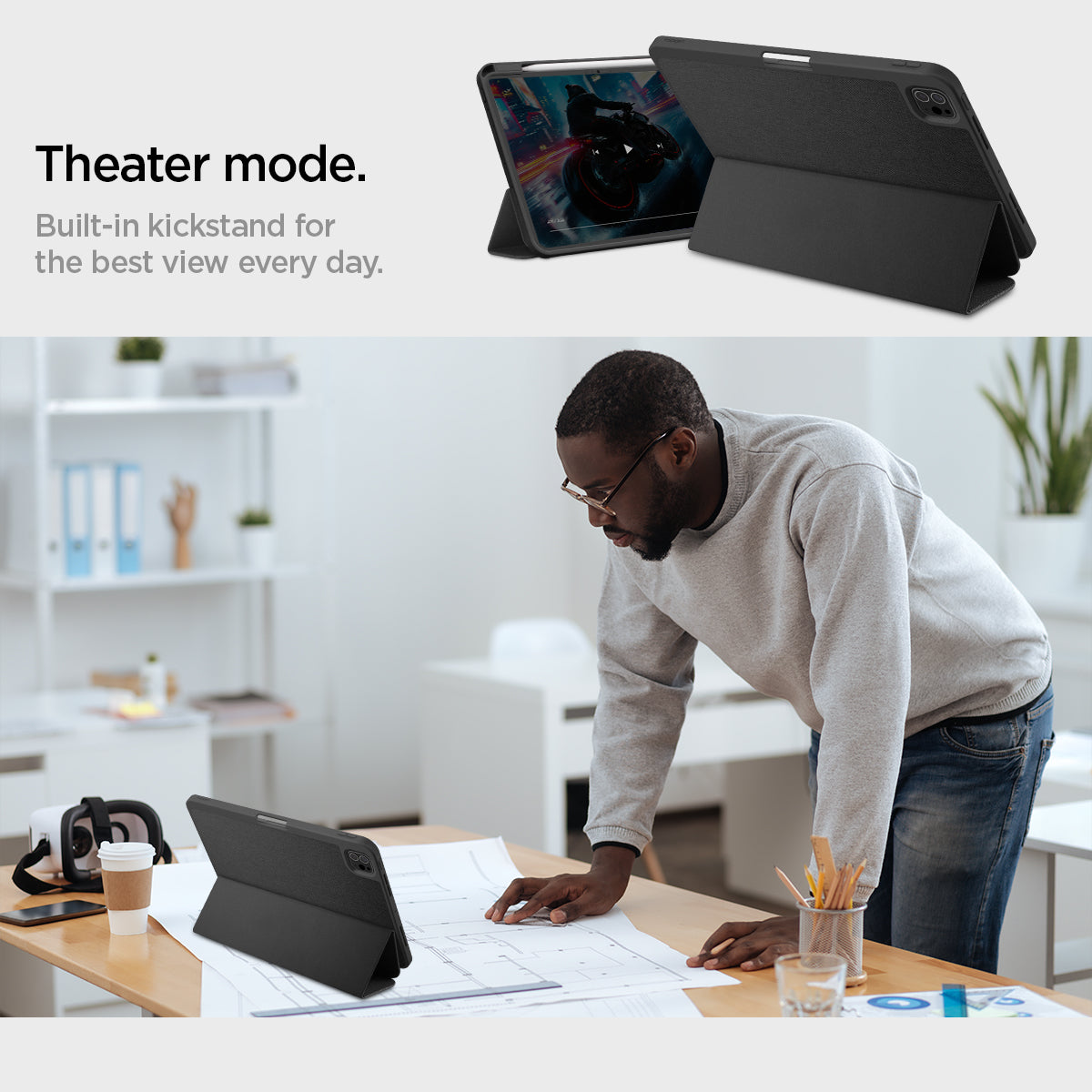 ACS07020 - iPad Pro 11-inch Case Urban Fit in Black showing the theater mode. Built-in kickstand for the best view every day