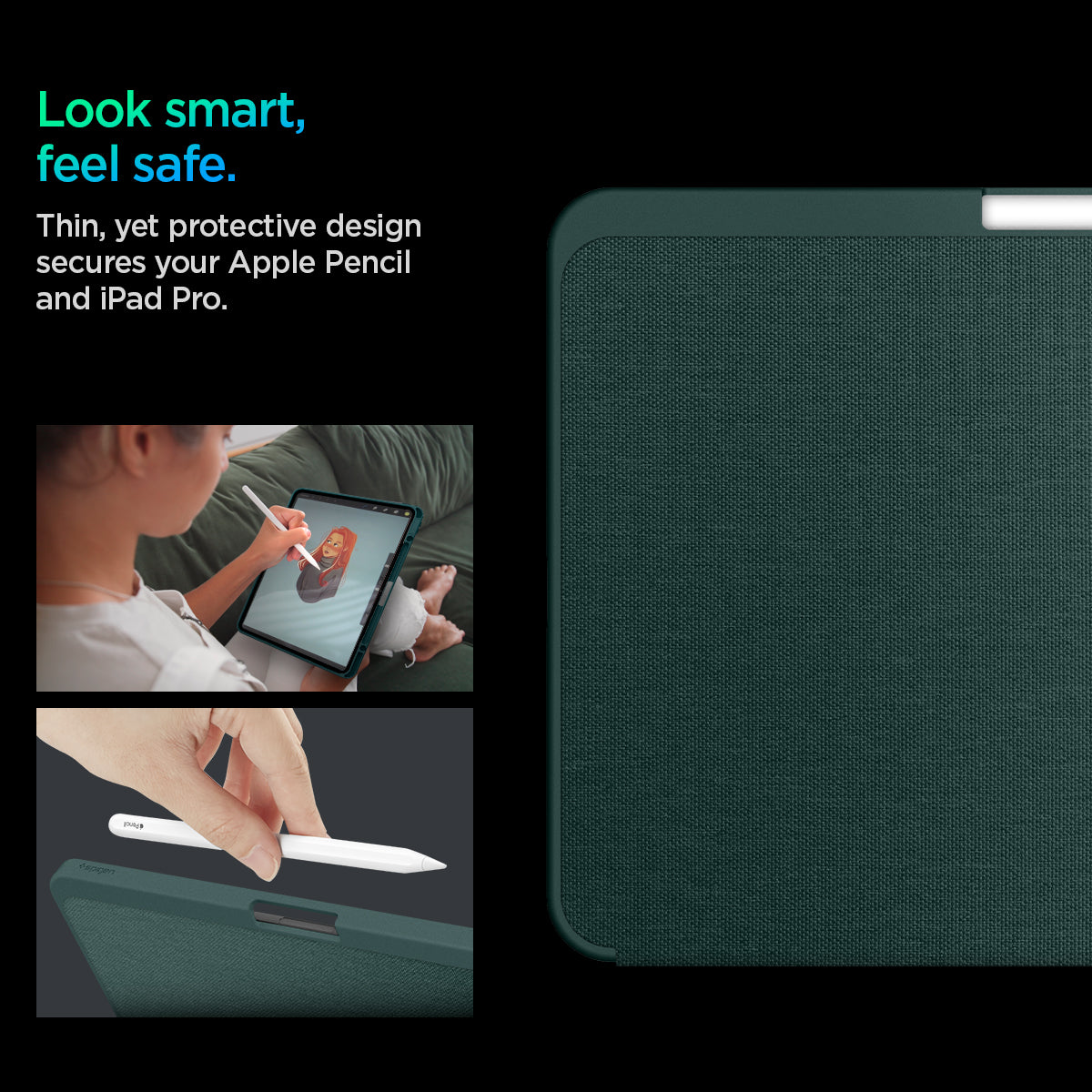 ACS07759 - iPad Pro 11-inch (2024) Case Urban Fit in Midnight Green showing the looking smart, feeling safe. Thin, yet protective design secures your Apple Pencil and iPad Pro