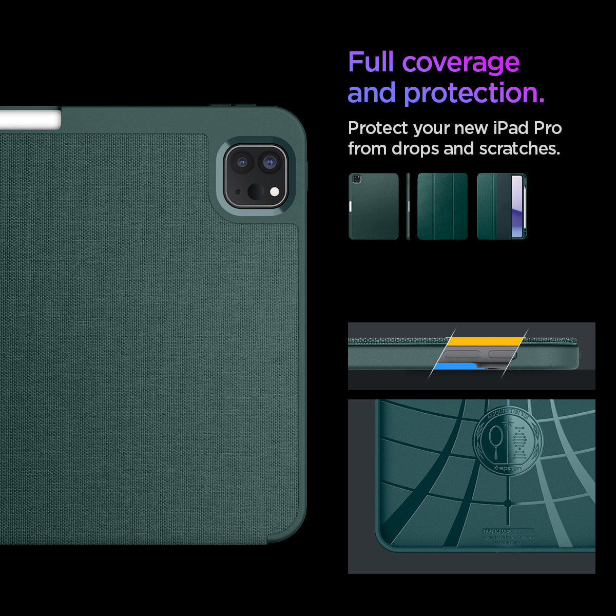ACS07759 - iPad Pro 11-inch (2024) Case Urban Fit in Midnight Green showing the full coverage and protection. Showing different angles