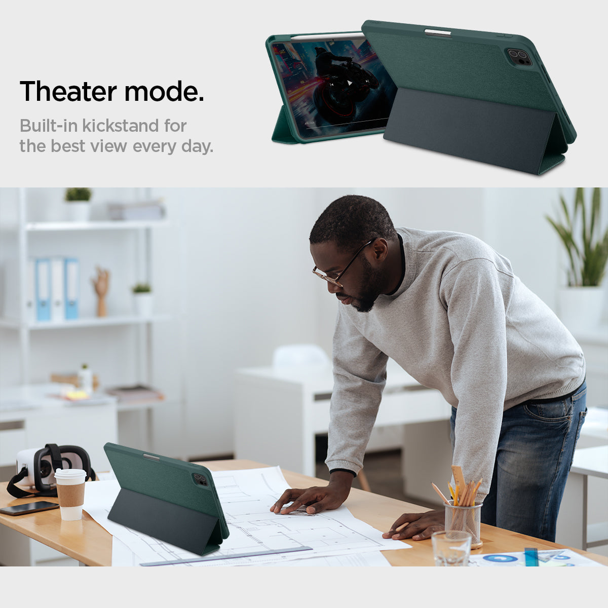 ACS07759 - iPad Pro 11-inch (2024) Case Urban Fit in Midnight Green showing the theater mode. Built-in kickstand for the best view every day