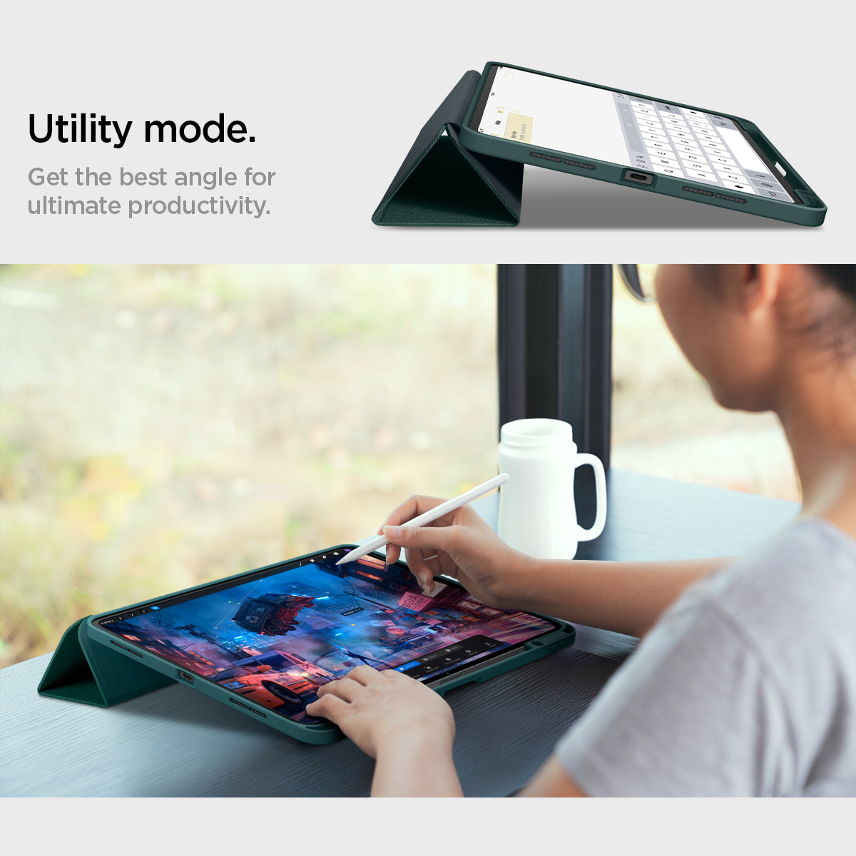 ACS07759 - iPad Pro 11-inch (2024) Case Urban Fit in Midnight Green showing the ulitility mode. Get the best angle for ultimate productivity