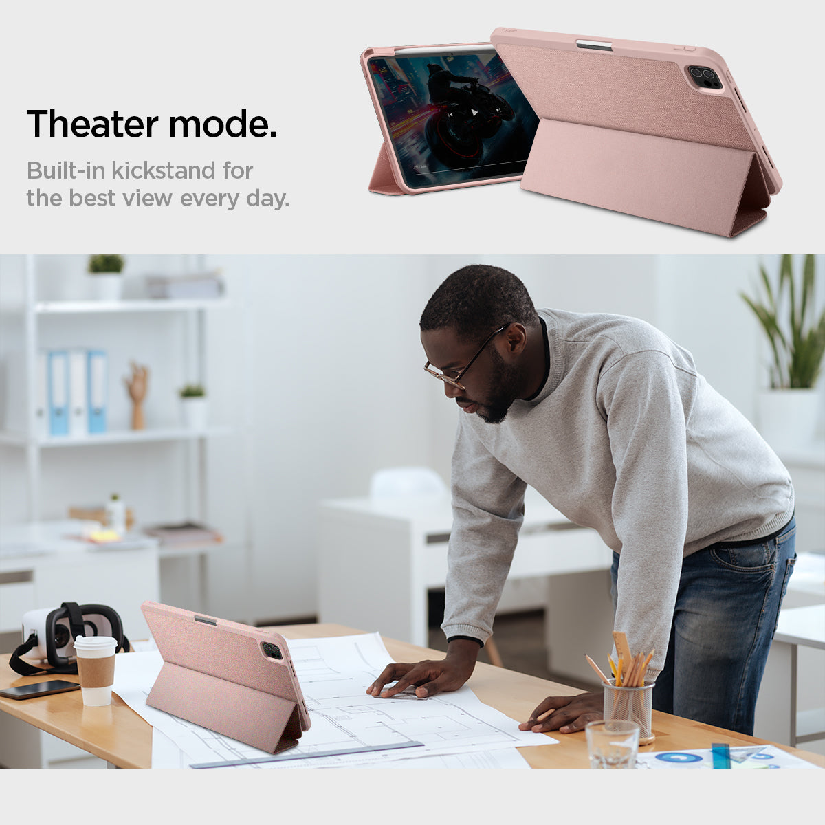 ACS07021 - iPad Pro 11-inch Case Urban Fit in Rose Gold showing the theater mode. Built-in kickstand for the best view every day