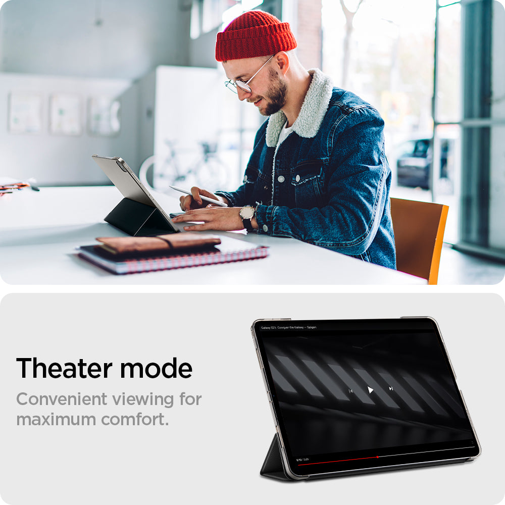 ACS02884 - iPad Pro 12.9" (2022/2021) Case Liquid Air Folio in black showing the theater mode. Convenient viewing for maximum comfort