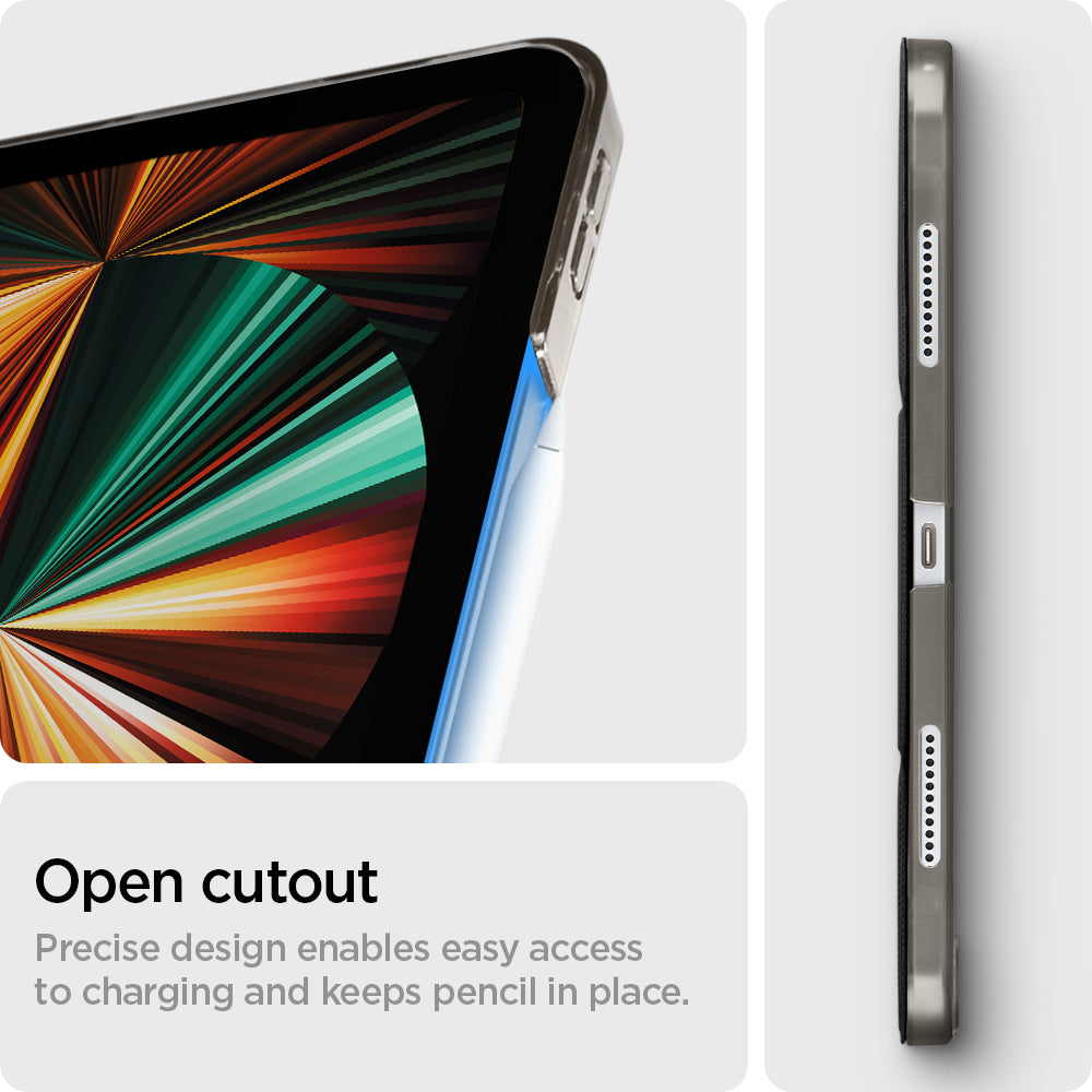 ACS02884 - iPad Pro 12.9" (2022/2021) Case Liquid Air Folio in black showing the open cutout. Precise design enables easy access to charging and keeps pencil in place