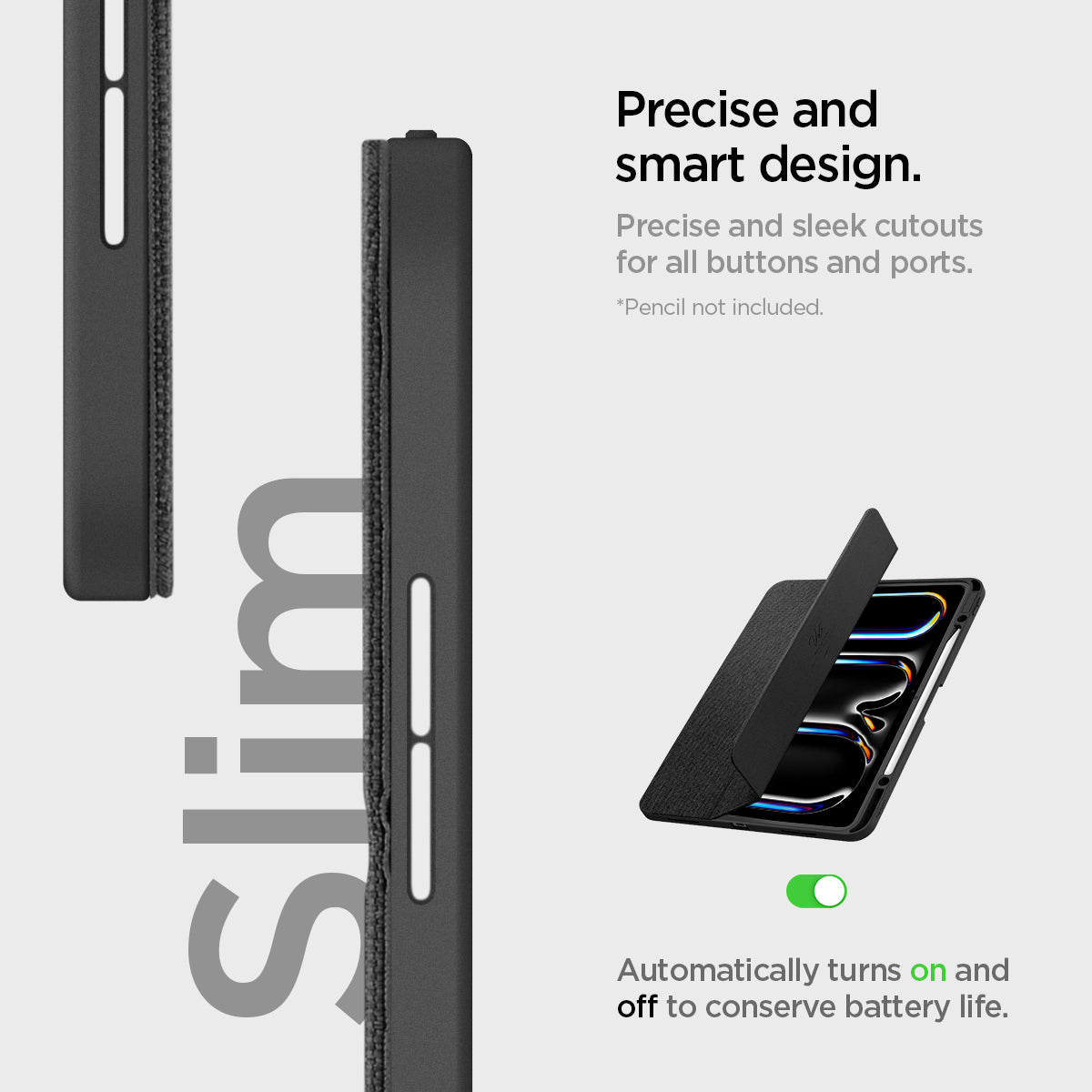 ACS07010 - iPad Pro 12.9-inch Case Urban Fit in Black showing the precise and sleek cutouts for all buttons and ports. Automatically turns on and off to conserve battery life