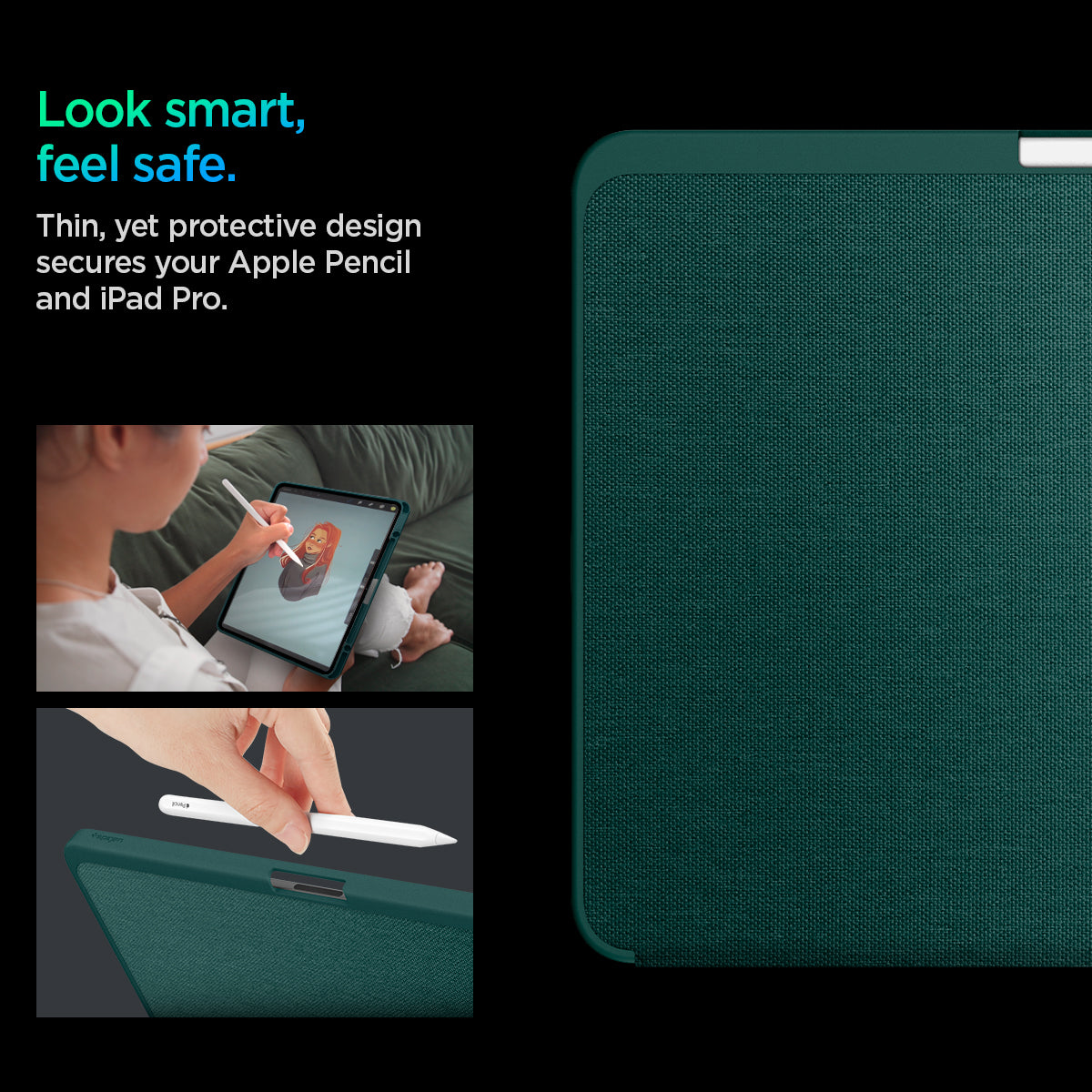 ACS07763 - iPad Pro 13-inch (2024) Case Urban Fit in Midnight Green showing looking smart, feeling safe. Thin, yet protective design secures your Apple Pencil and iPad Pro