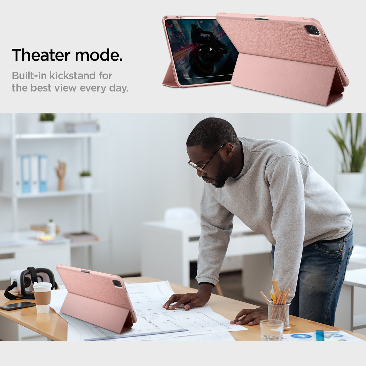 ACS07011 - iPad Pro 12.9-inch Case Urban Fit in Rose Gold showing the theater mode. Built-in kickstand for the best view every day