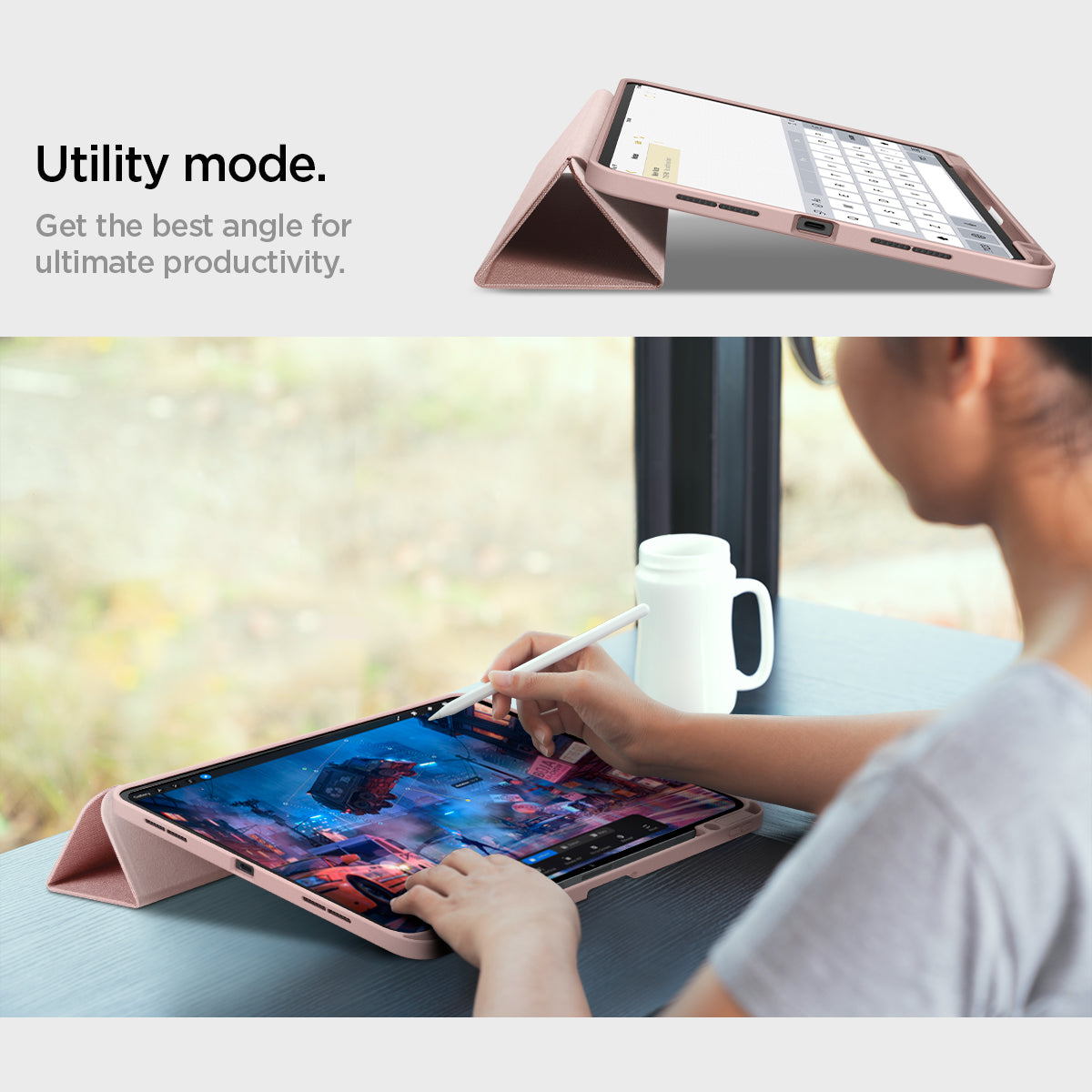 ACS07011 - iPad Pro 12.9-inch Case Urban Fit in Rose Gold showing the utility mode. Get the best angle for ultimate productivity