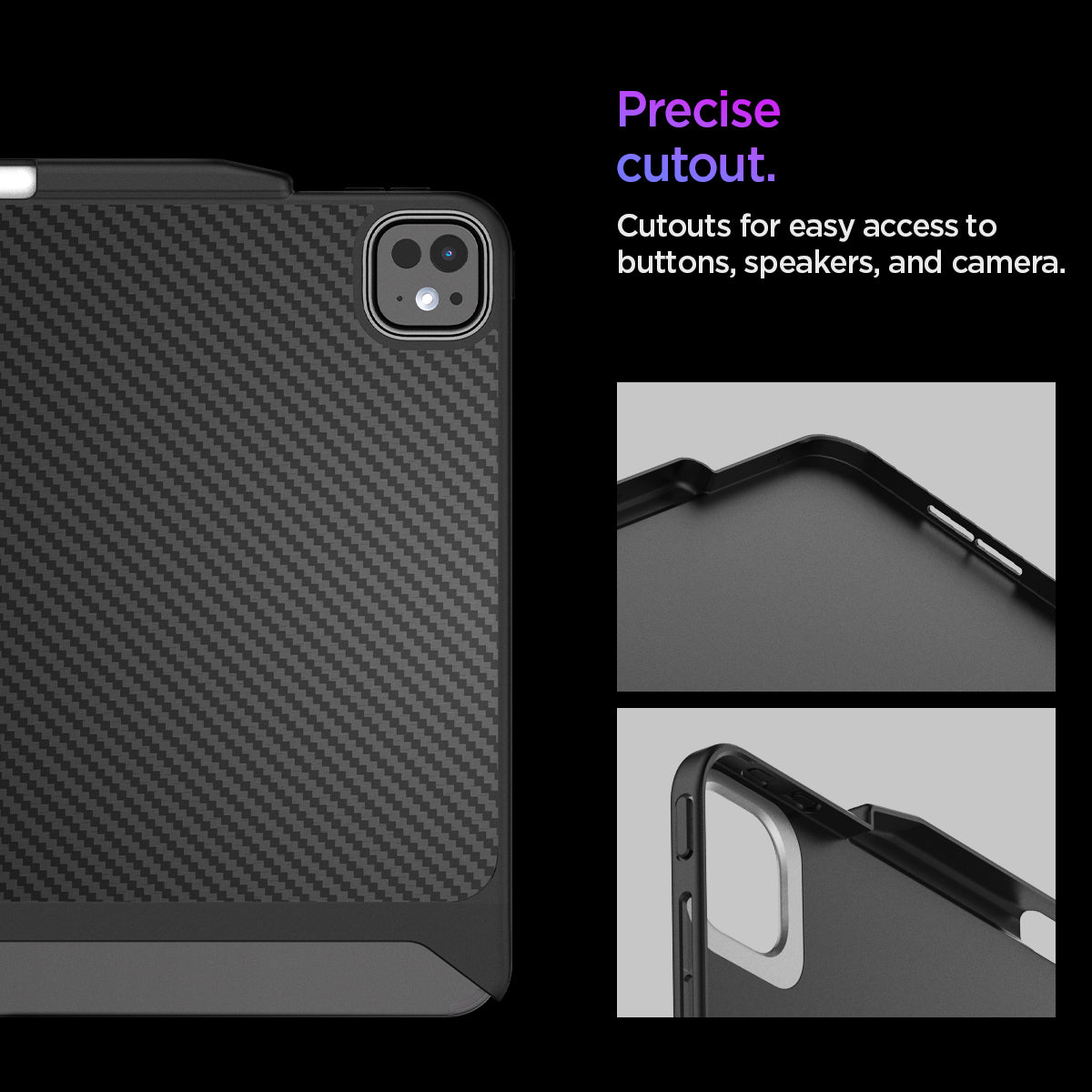 ACS07670 - iPad Air 13-inch (2024) Case Enzo Aramid in Black showing the precise cutout. Cutouts for easy access to buttons, speakers, and camera