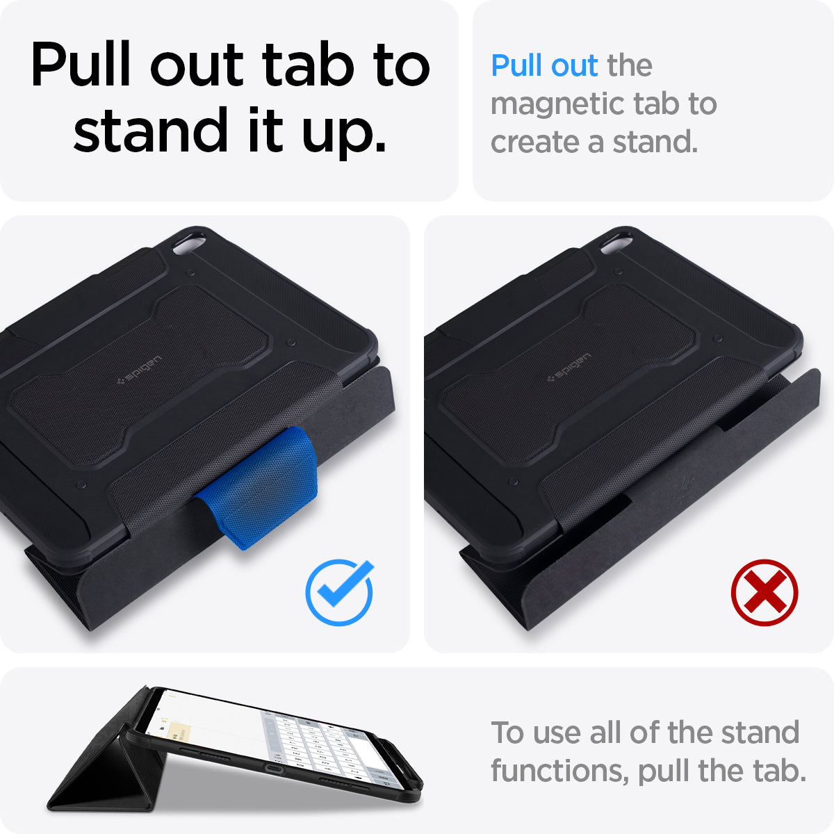 ACS07669 - iPad Air 12.9-inch Case Rugged Armor Pro in Black showing the pull out tab to stand it up. Pull out the magnetic tab to create a stand and to use all of the stand functions, pull the tab