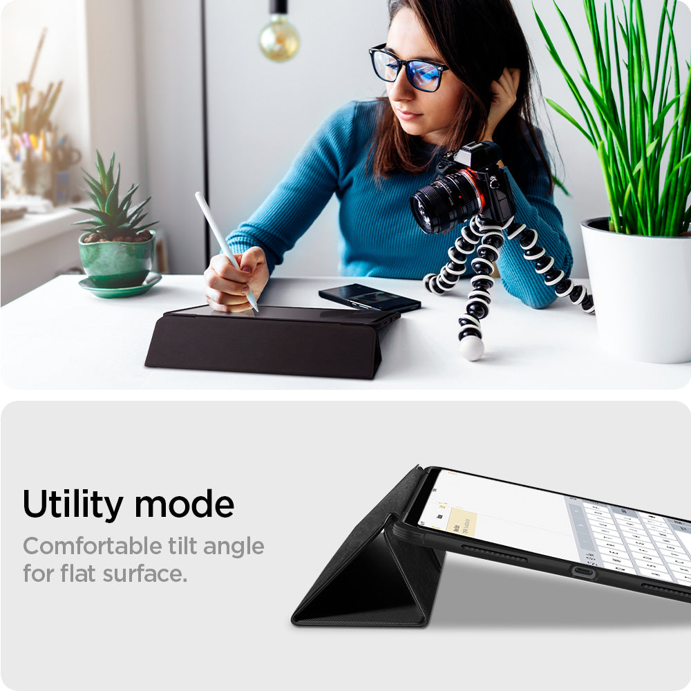 ACS07669 - iPad Air 12.9-inch Case Rugged Armor Pro in Black showing the utility mode. Comfortable tilt angle for flat surface