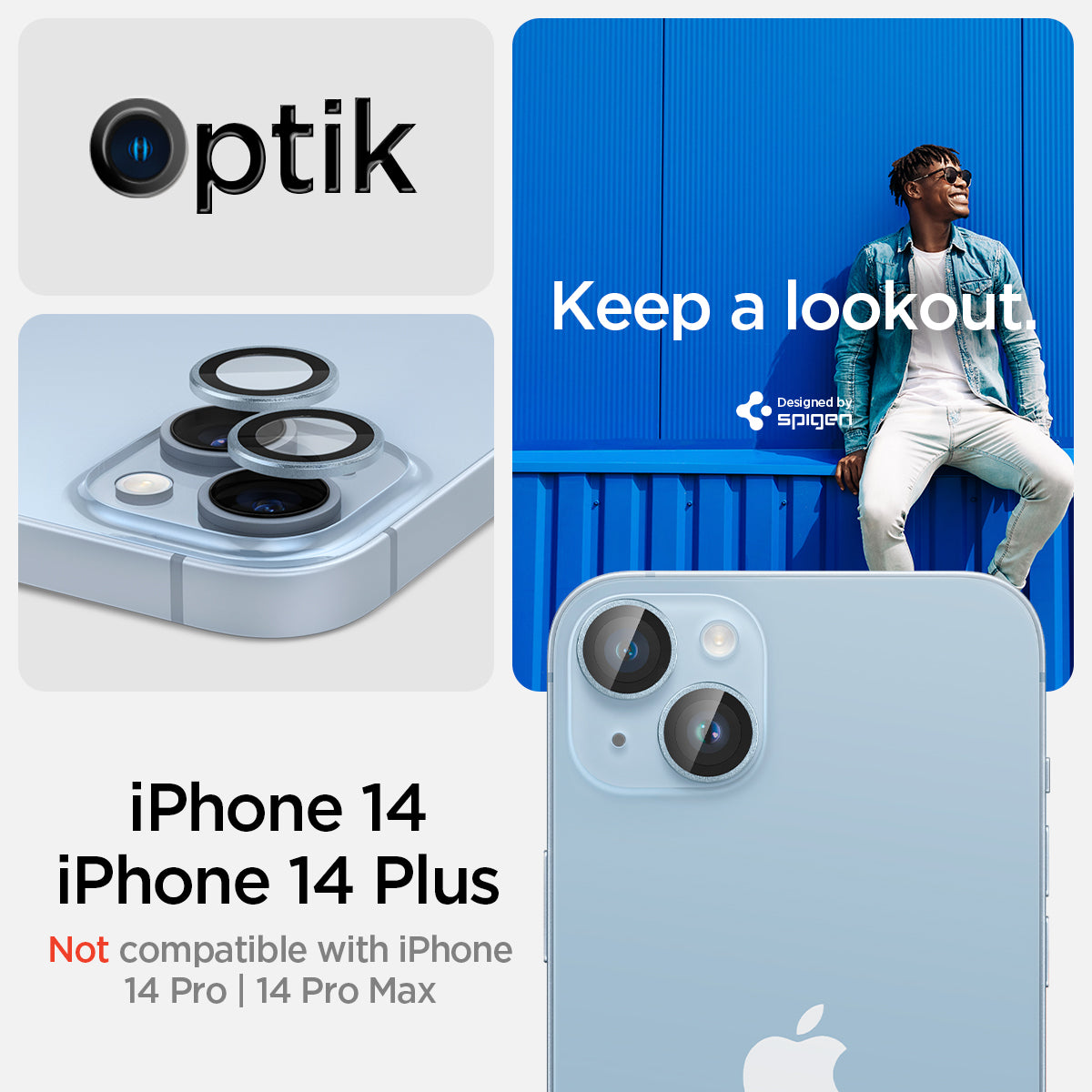 AGL05602 - iPhone 14 / 14 Plus Optik Pro Lens Protector in blue keep a lookout showing the compatibility only with iPhone 14, 14 plus. Not compatible with iPhone 14 pro, 14 pro max.