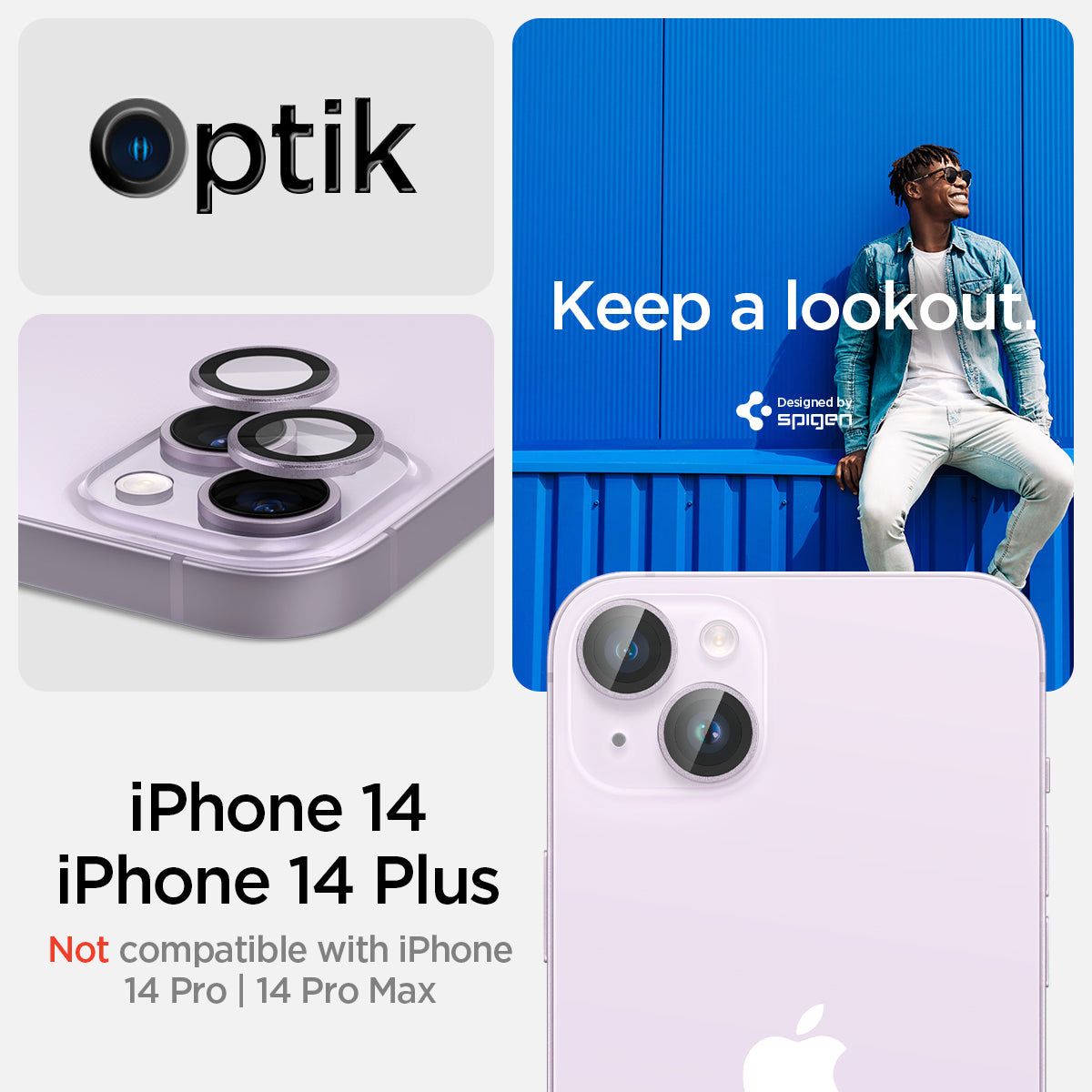 AGL05603 - iPhone 14 / 14 Plus Optik Pro Lens Protector in purple keep a lookout showing the compatibility only with iPhone 14, 14 plus. Not compatible with iPhone 14 pro, 14 pro max.
