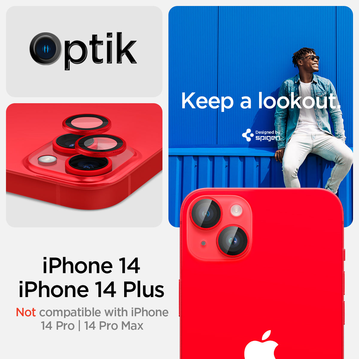 AGL05605 - iPhone 14 / 14 Plus Optik Pro Lens Protector in red keep a lookout showing the compatibility only with iPhone 14, 14 plus. Not compatible with iPhone 14 pro, 14 pro max.