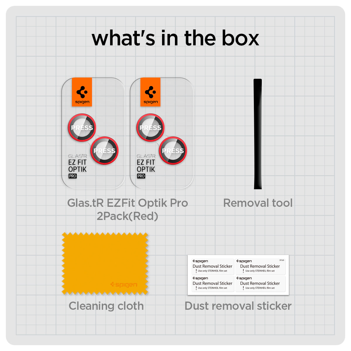 AGL05605 - iPhone 14 / 14 Plus Optik Pro Lens Protector in red what's in the box. Glas.tR EZFit Optik pro 2 pack, removal tool, cleaning cloth, dust removal sticker.