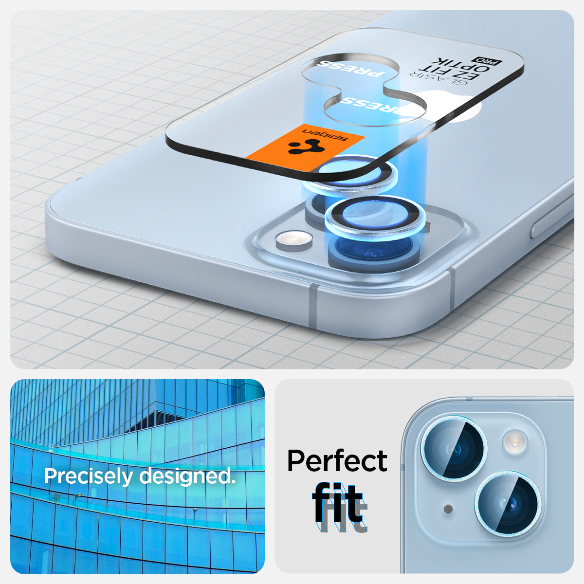AGL05602 - iPhone 14 / 14 Plus Optik Pro Lens Protector in blue showing the perfect fit. Precisely designed for a flush look
